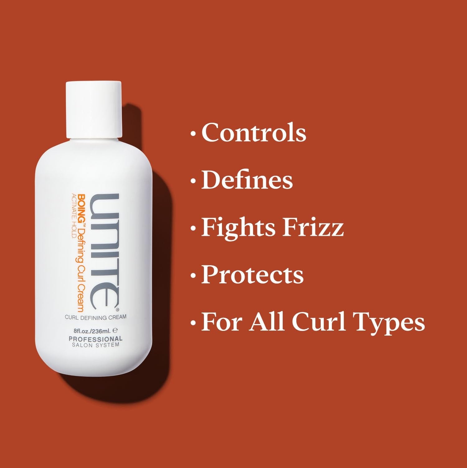 UNITE Hair BOING Defining Curl Cream jar with product label, showcasing moisturizing and frizz-free curl control benefits.