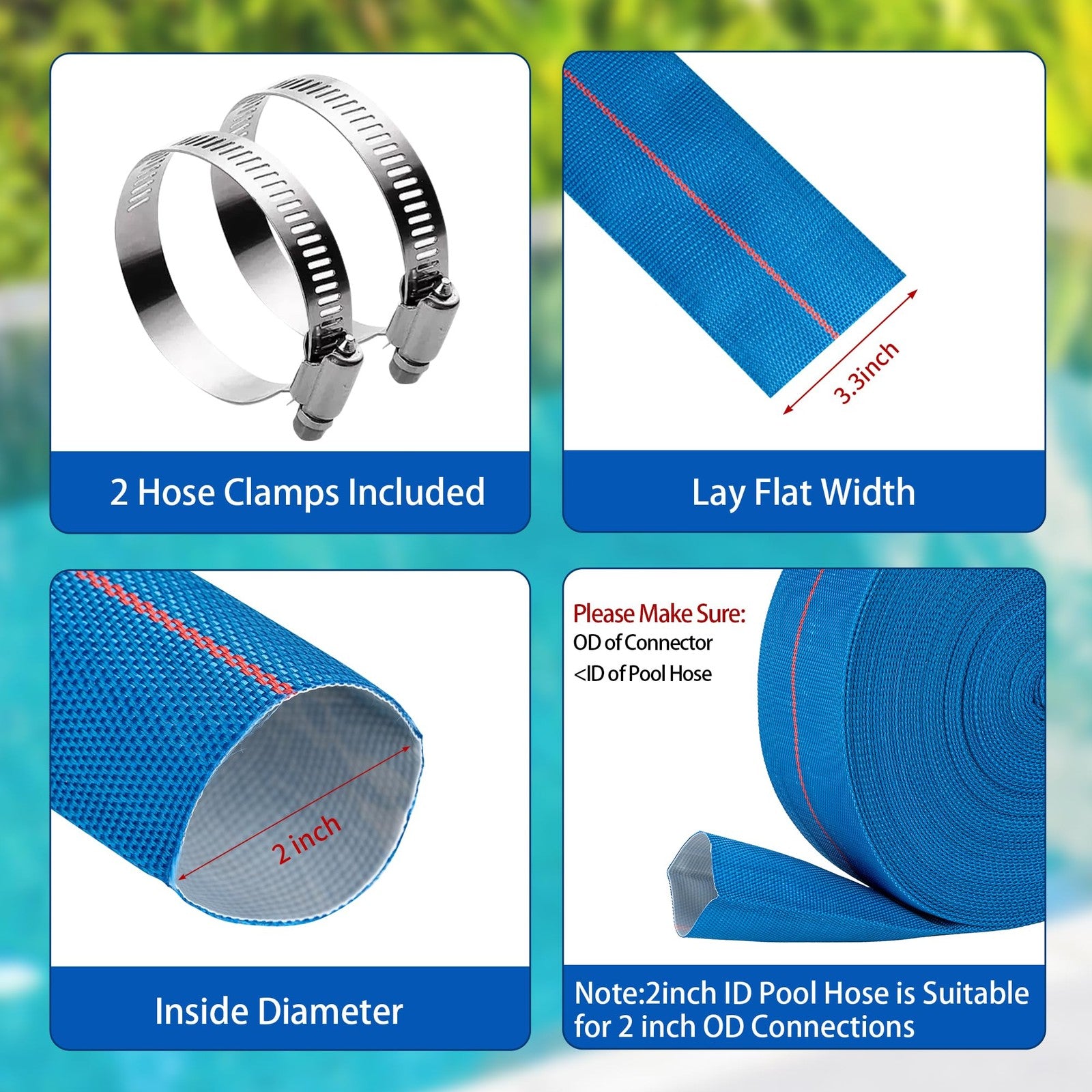 Geowaky 2-inch ID pool backwash hose, 65.6 feet long, heavy-duty PVC discharge hose for swimming pool water drainage.