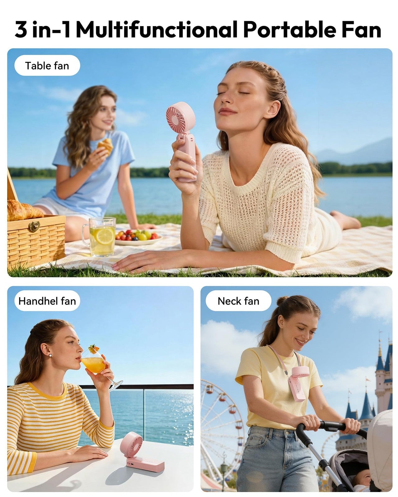 Gaiatop portable handheld fan with 5 speeds, rechargeable battery, 3-in-1 neck design, and up to 18 hours of cooling.