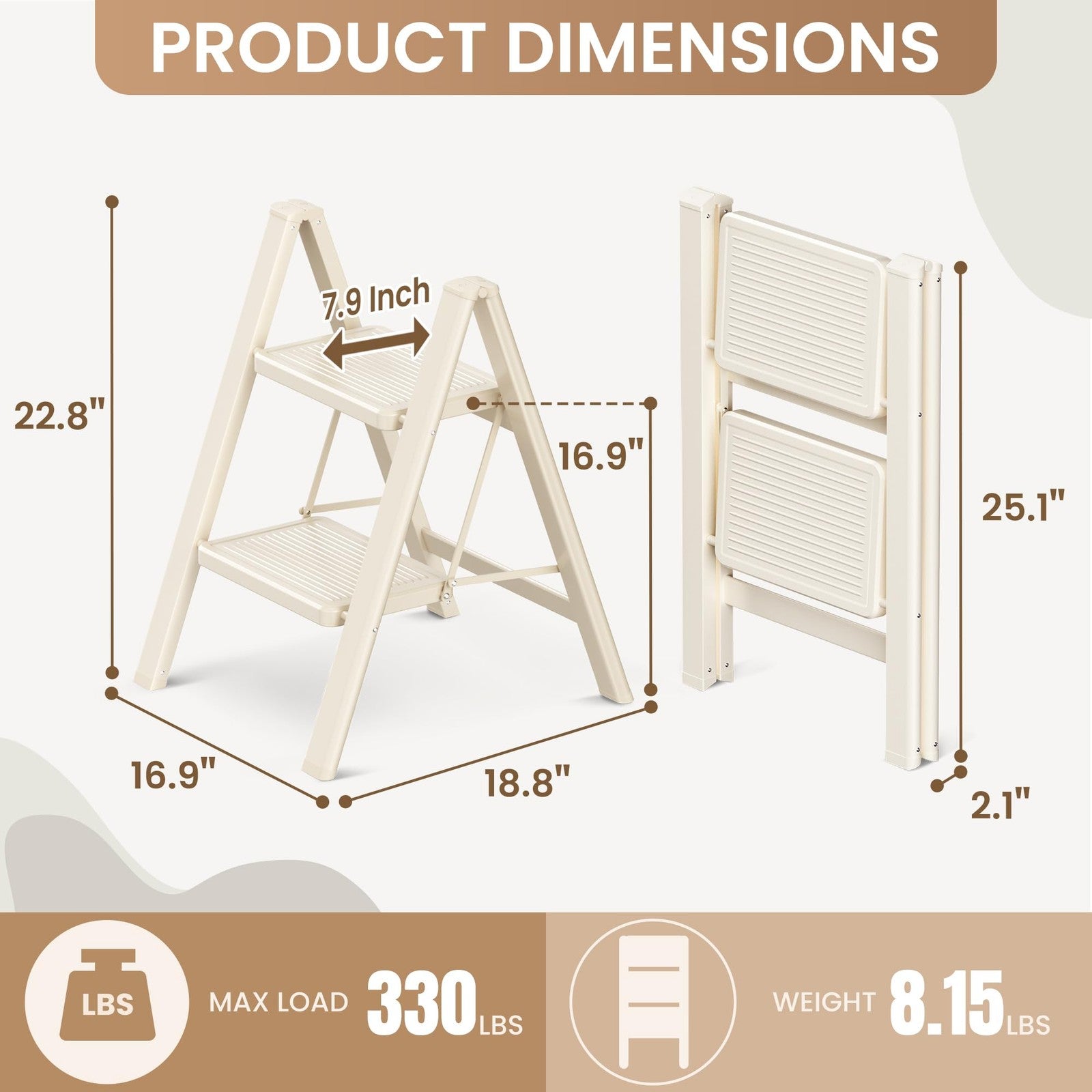 GameGem 2-step folding ladder with wide anti-slip pedals and sturdy construction, supports up to 330 pounds.