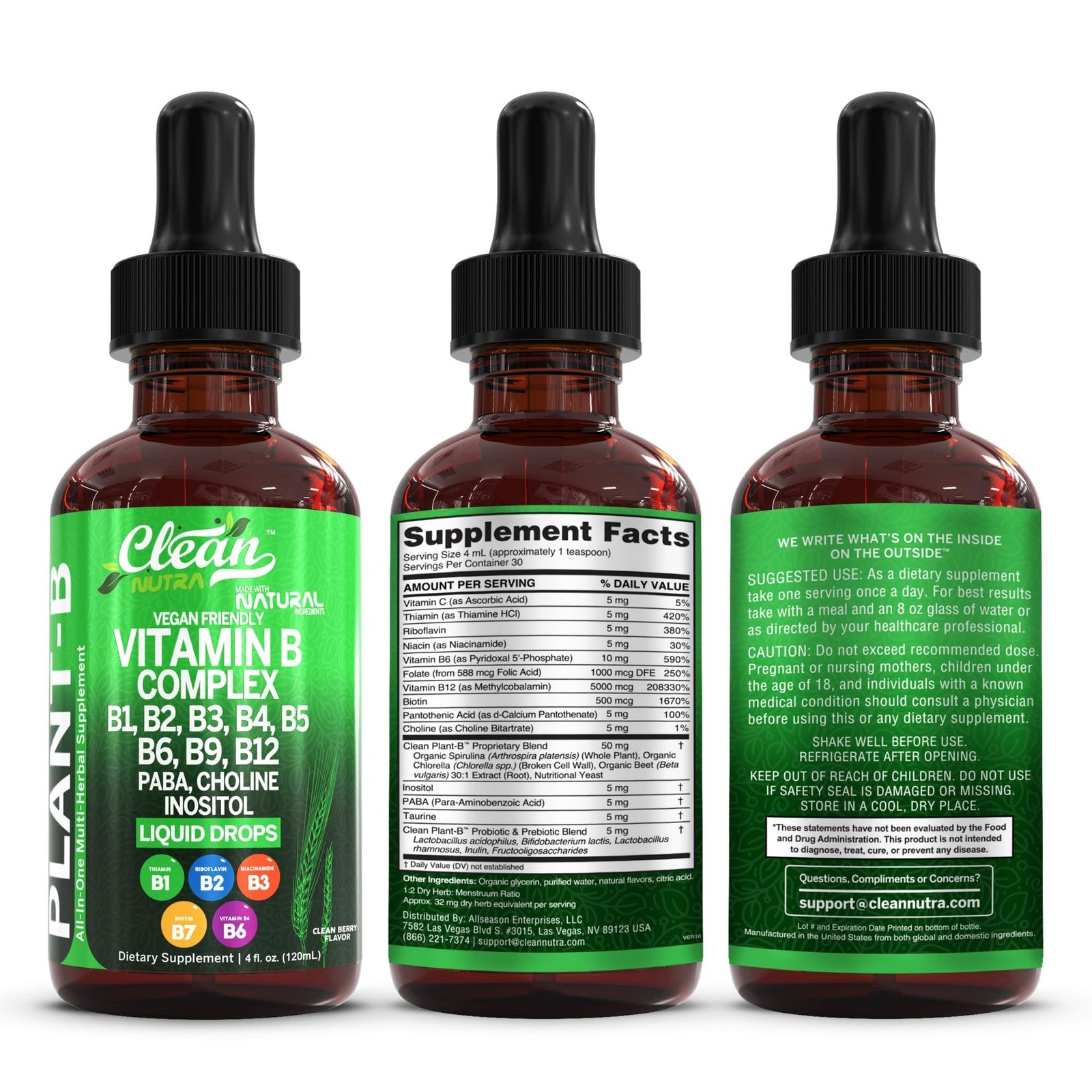 Clean Nutraceuticals Vitamin B Complex Liquid Drops bottle with dropper, showing the label and clear liquid inside.