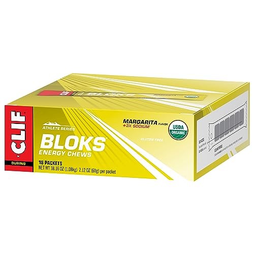 Clif Bloks Margarita flavor energy chews pack with 18 non-GMO, plant-based electrolyte chews, showing colorful chew packages.