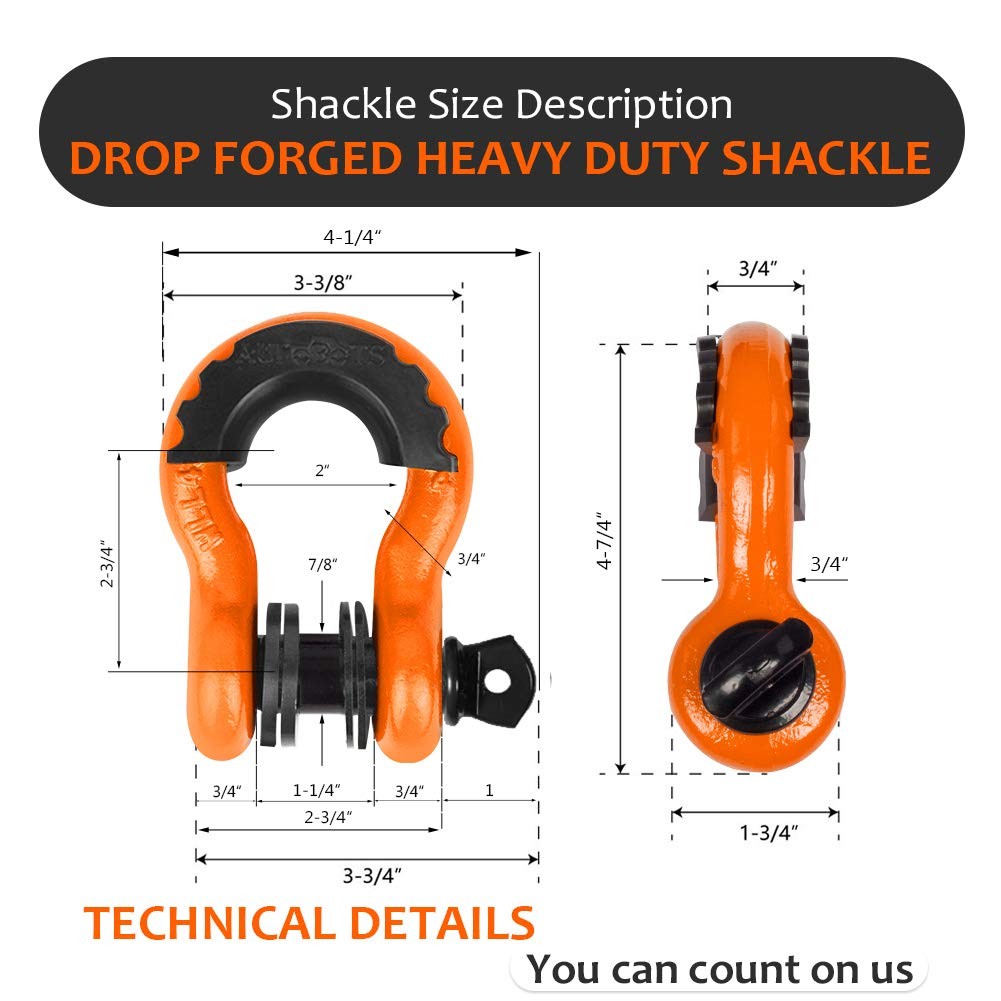Pair of 3/4 inch Autobots D-Ring Shackles with 41887 lb break strength, featuring heavy-duty bow shackles for winch and recovery use.