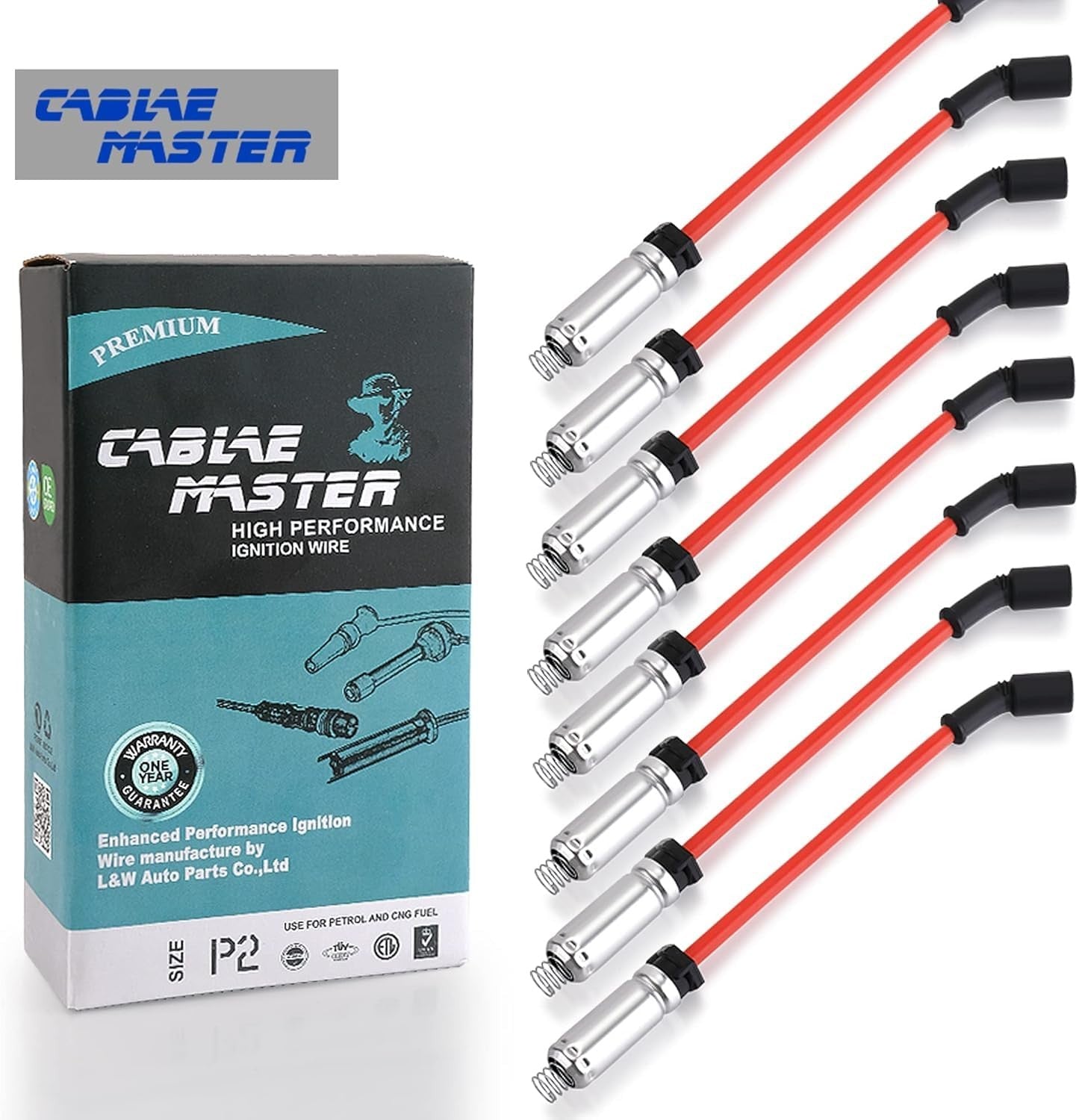 Cable Master 10.2 mm Racing Spark Plug Wires for GM LR4, LM7, L59, L33, LQ4, LQ9 engines, with black insulation and connectors