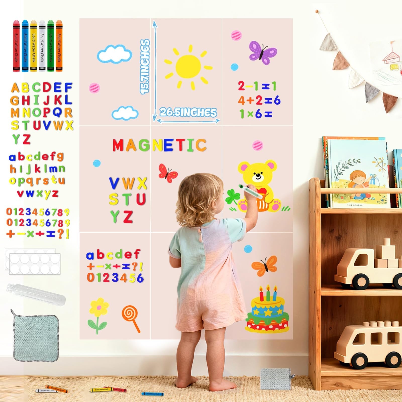 Set of 8 Easma magnetic wall decals for kids, featuring peel-and-stick chalkboard designs with magnets for easy use and decoration.