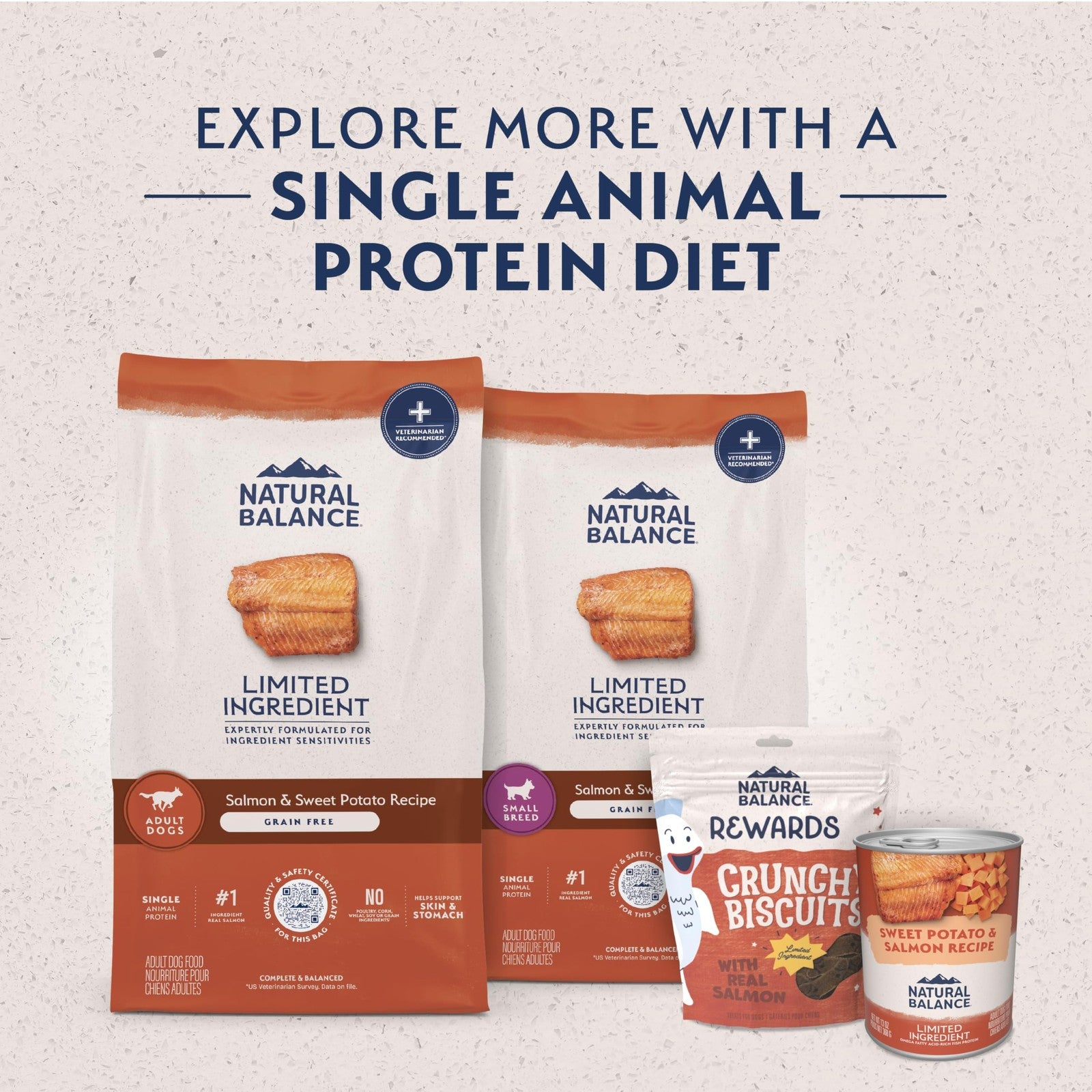 Dry dog food bag labeled Natural Balance Limited Ingredient Grain Salmon and Sweet Potato formula for dogs.