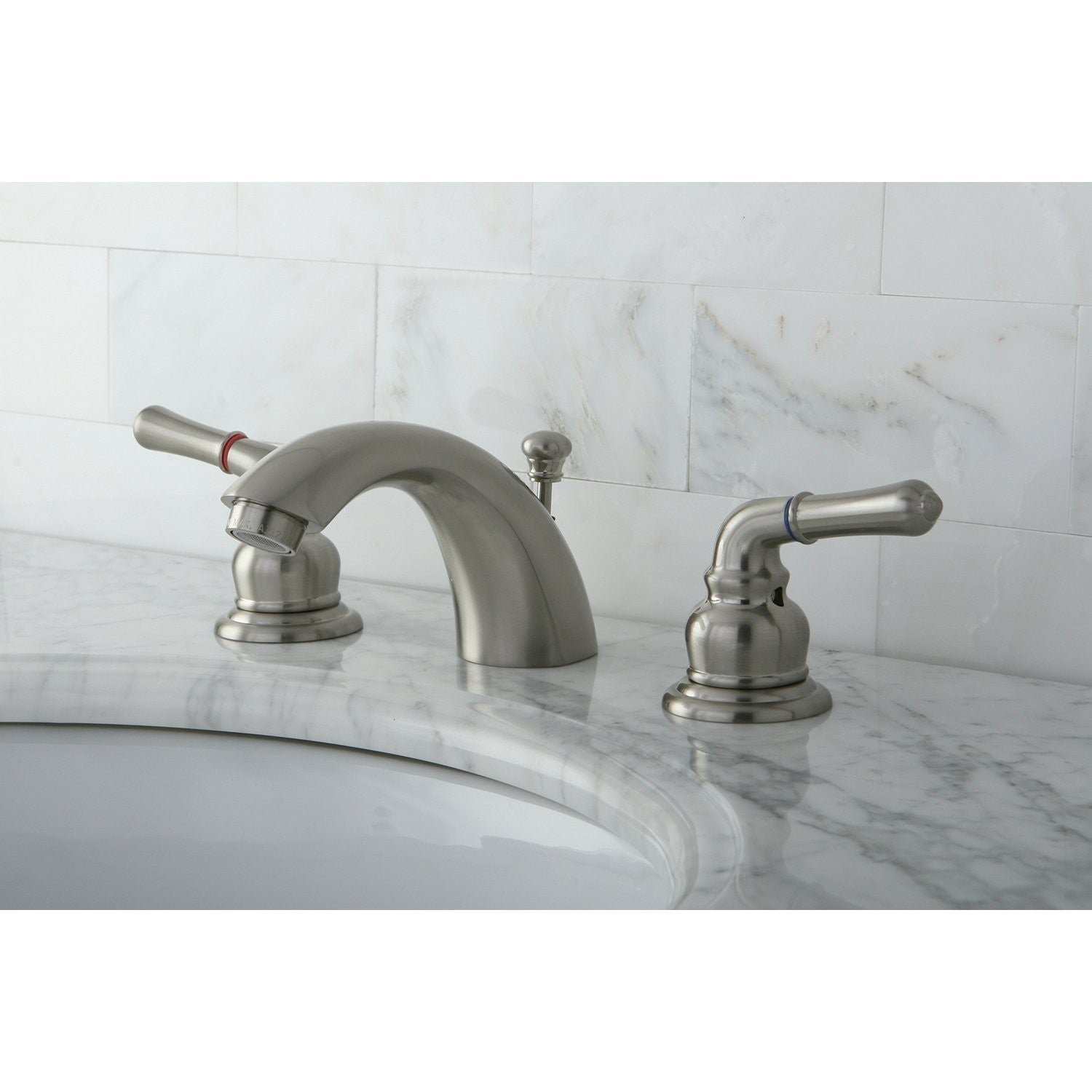 Kingston Brass KB958KL mini-widespread bathroom faucet with brushed nickel finish, shown installed with two handles and modern design.