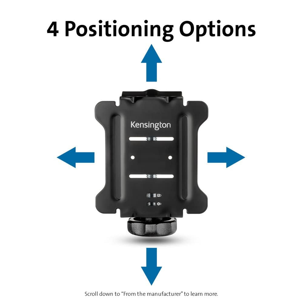 Kensington VESA-compatible docking station mounting bracket with adjustable clamp for secure installation on desks or surfaces.