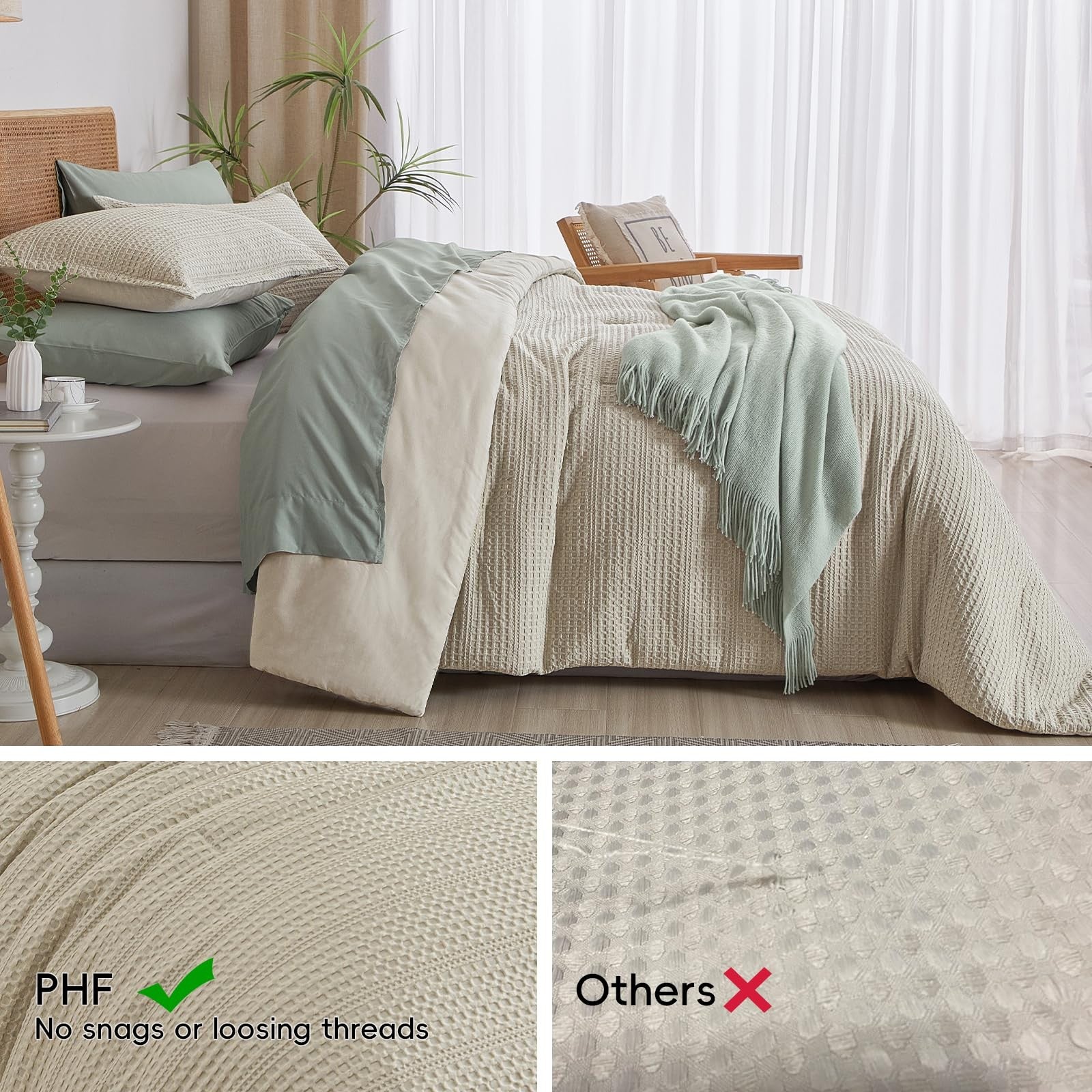 Twin size PHF soft waffle comforter set with breathable waffle weave fabric, featuring a cozy, textured design for restful sleep.