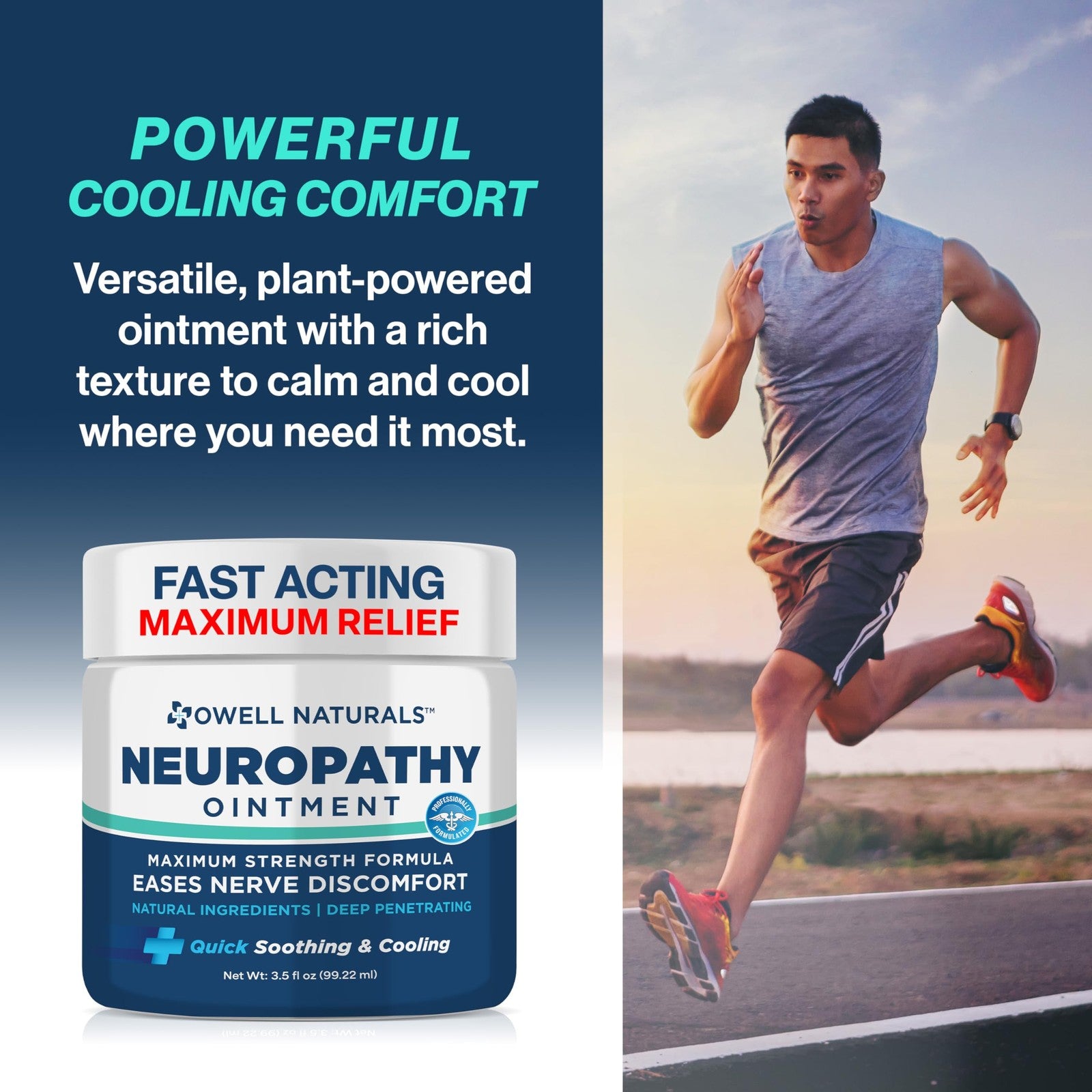 Unbranded Owell Naturals neuropathy nerve relief ointment applied to feet, fingers, hands, and toes for nerve pain relief.