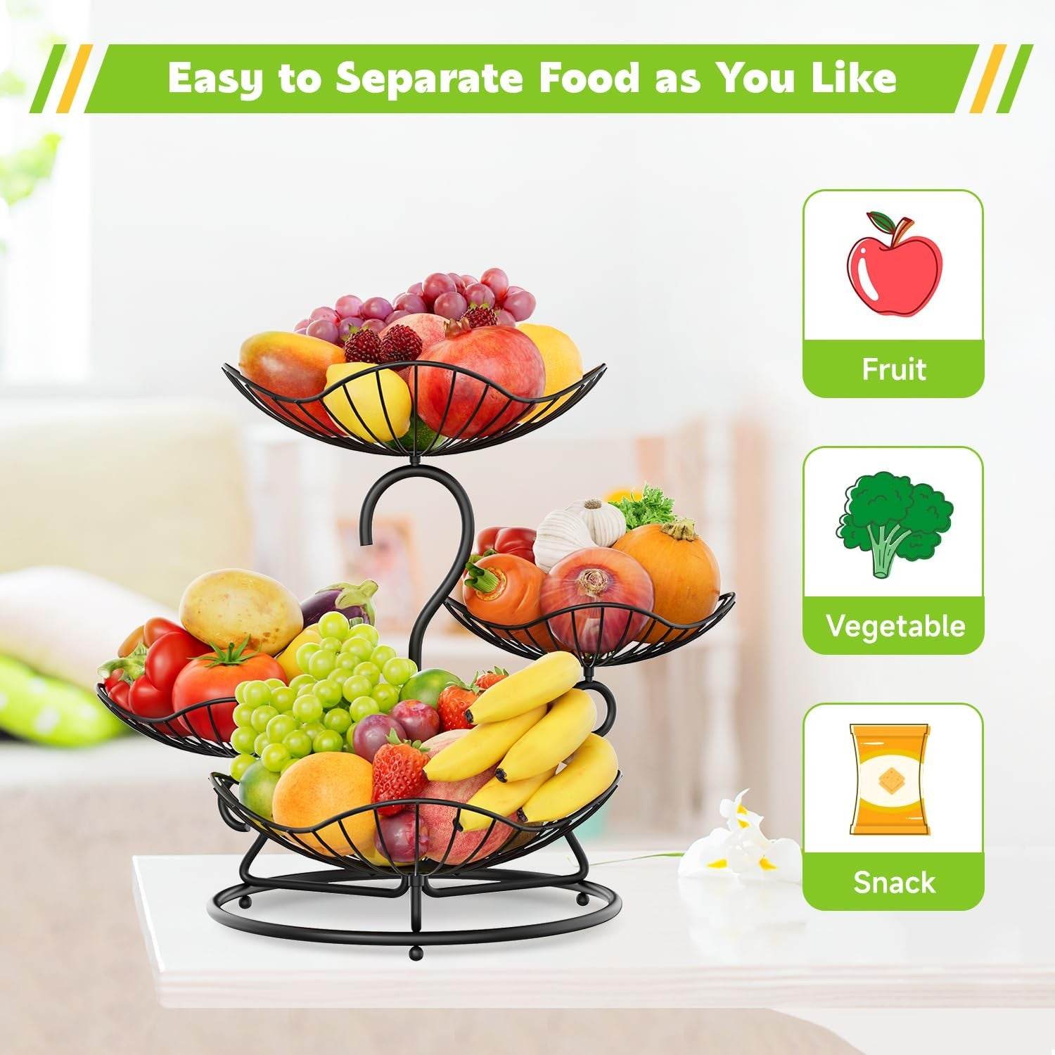 PouHenier.jh 4-tier black metal fruit basket stand with removable bowls for countertop storage