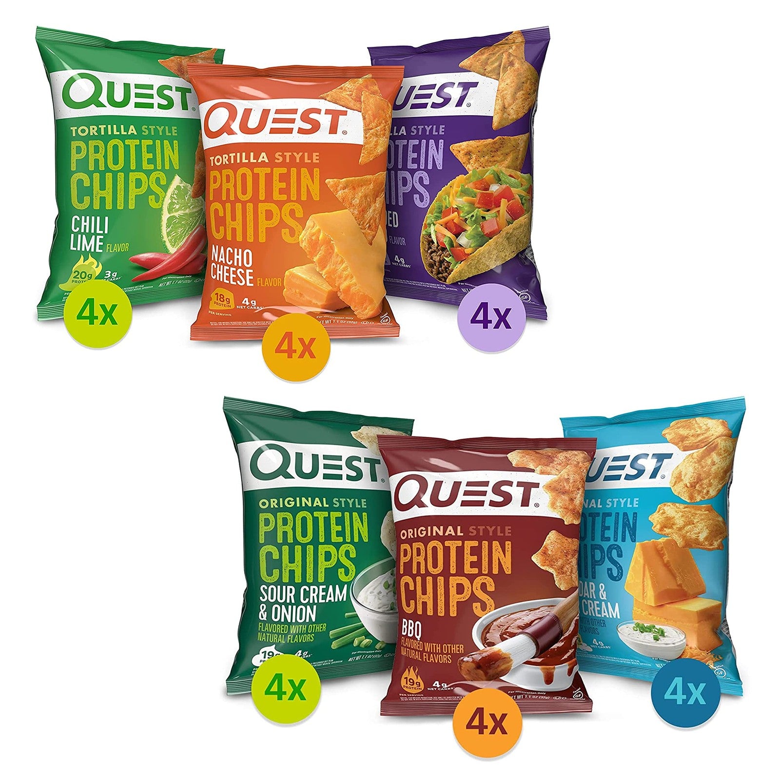 Quest Nutrition Protein Chips Variety Pack bundle featuring high-protein, low-carb snacks in colorful bags arranged on a table.