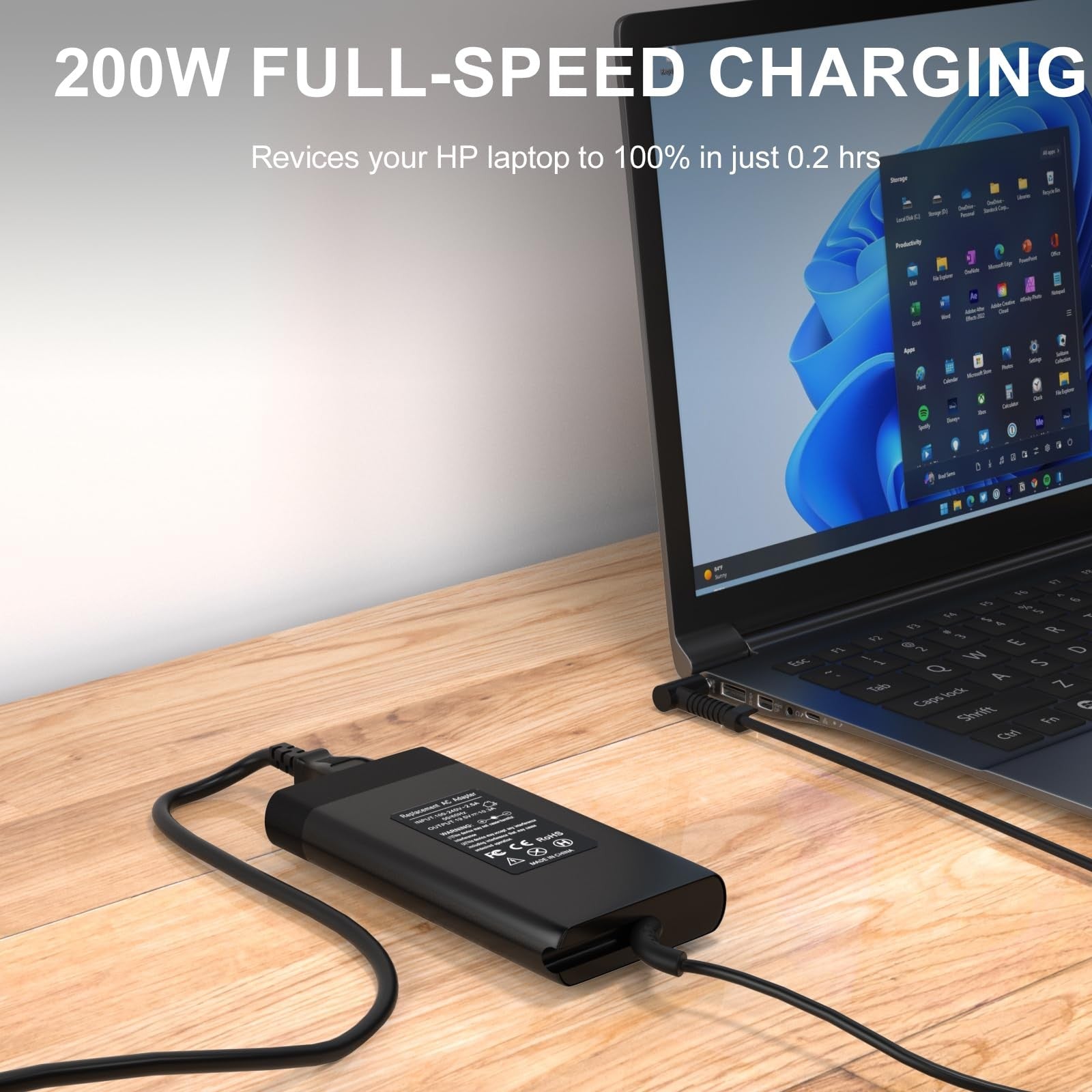200W laptop charger compatible with HP Victus Gaming 15/16 and HP Omen, featuring a sleek design and multiple connection ports.