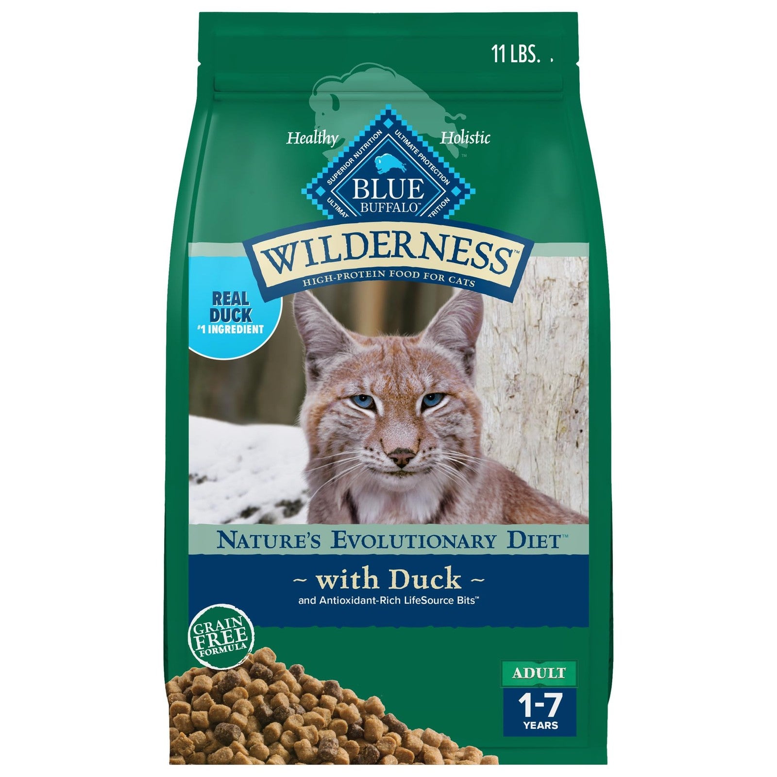 Blue Buffalo Wilderness adult dry cat food with duck recipe, natural high-protein cat food in a blue bag, featuring cat and food imagery.