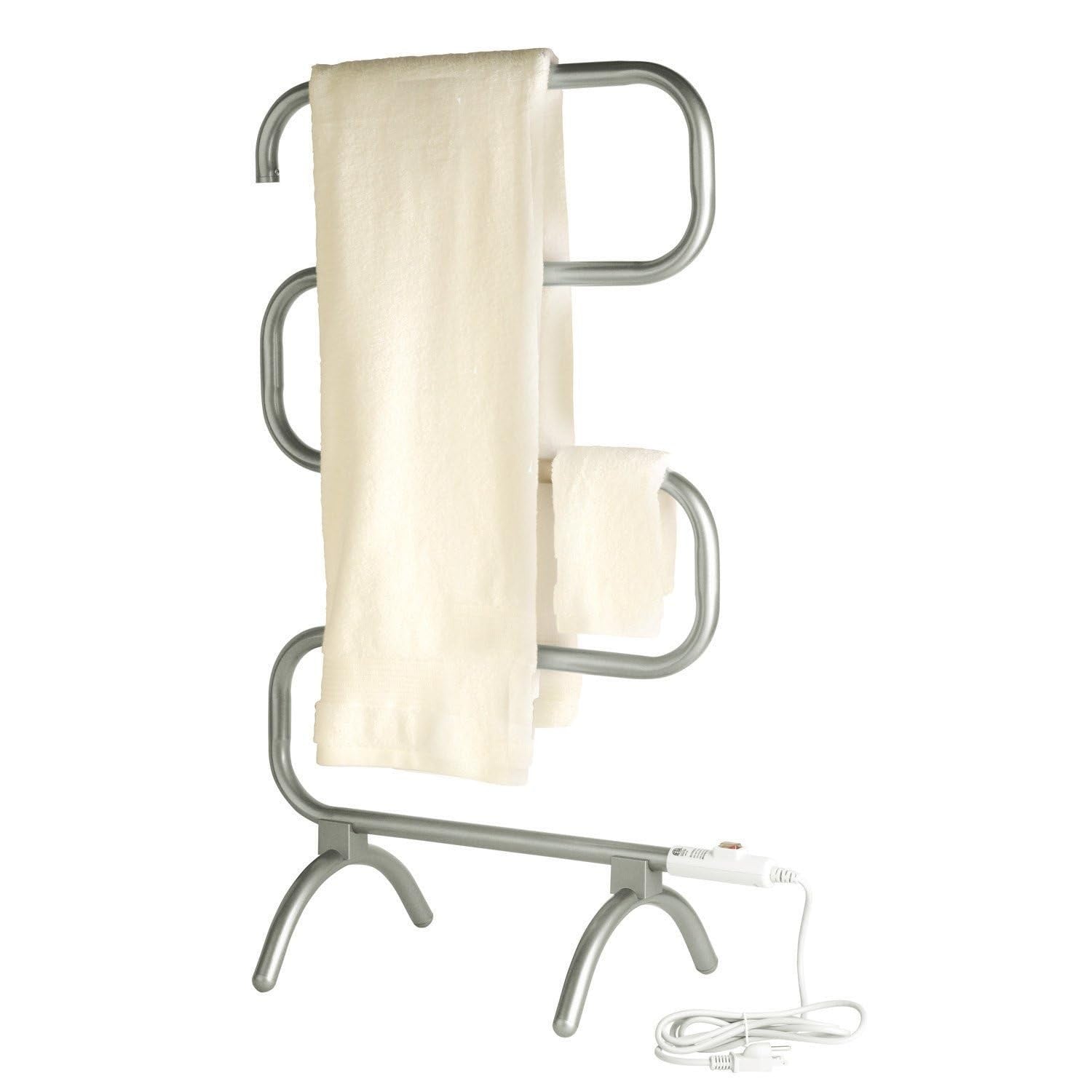 Warmrails Classic towel warmer rack, free-standing or wall-mounted, with polished metal bars for drying and warming towels.