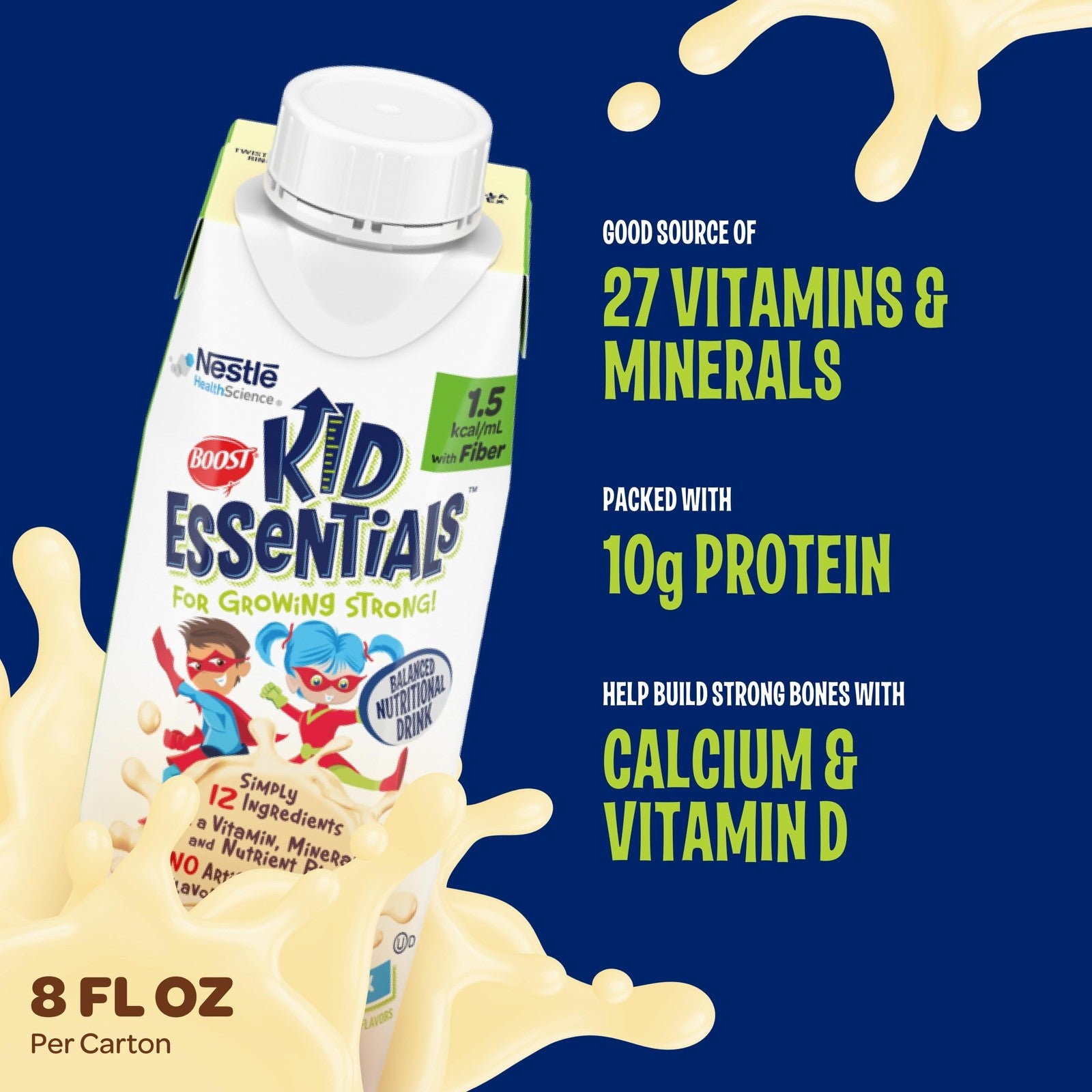 BOOST Kid Essentials 1.5 Vanilla Vortex nutritional supplement container with fiber, designed for children's health.