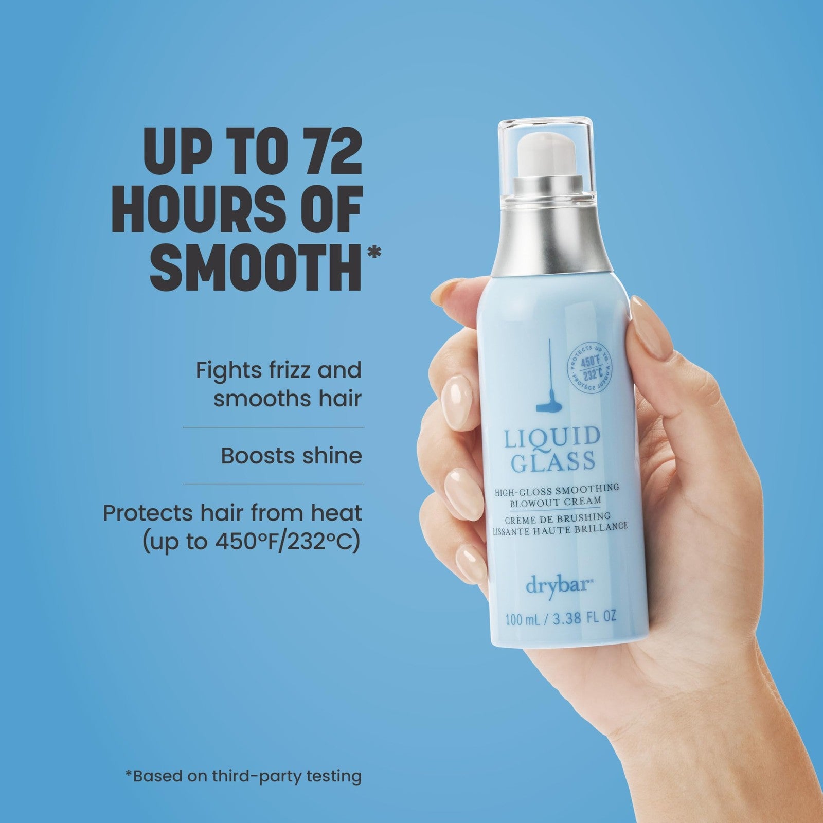 Drybar Liquid Glass High-Gloss Smoothing Blowout Cream applied to smooth, frizz-free hair with a shiny finish.