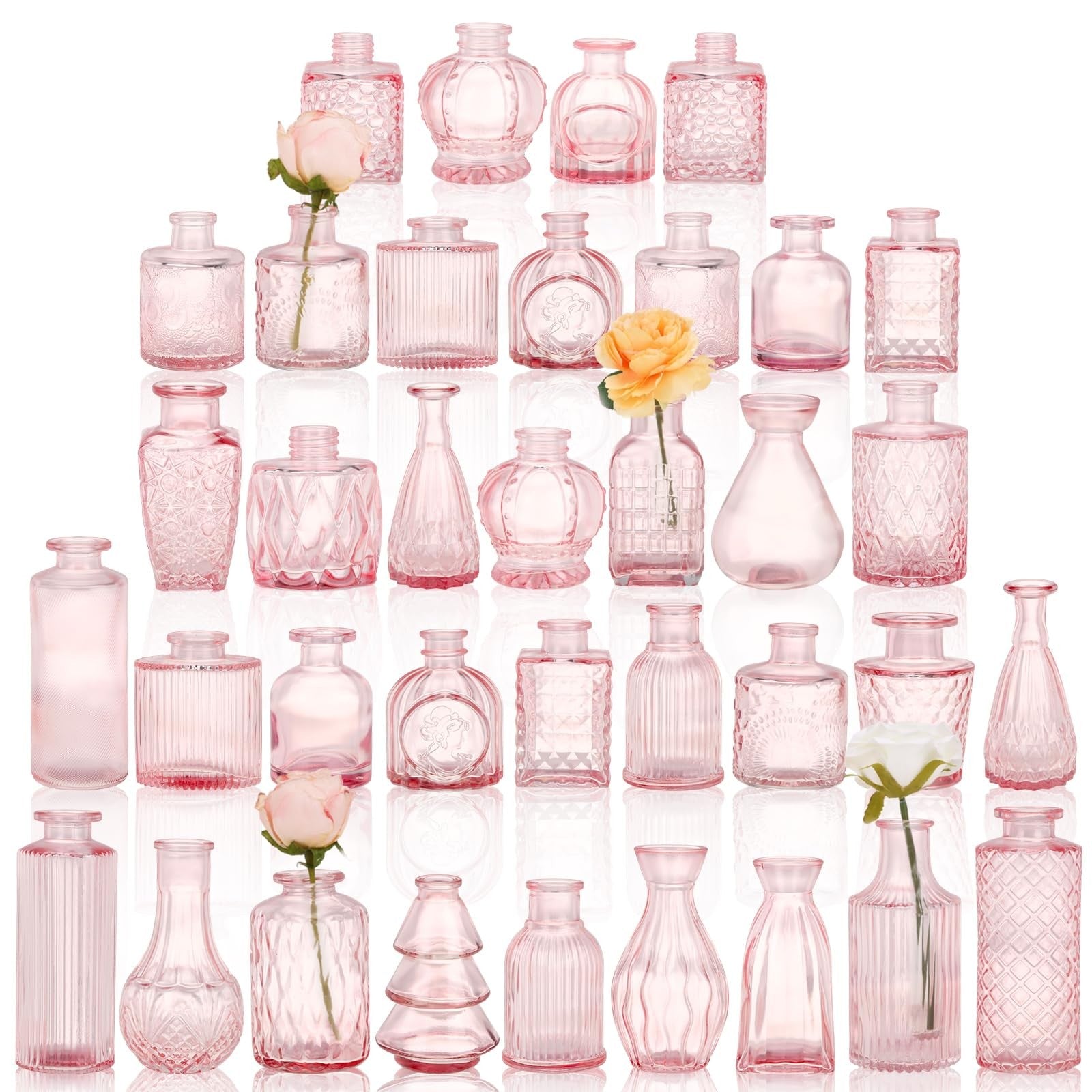 Set of 36 pink glass bud vases by Fixwal, small mini flower vases ideal for centerpieces, displayed in a bulk set.