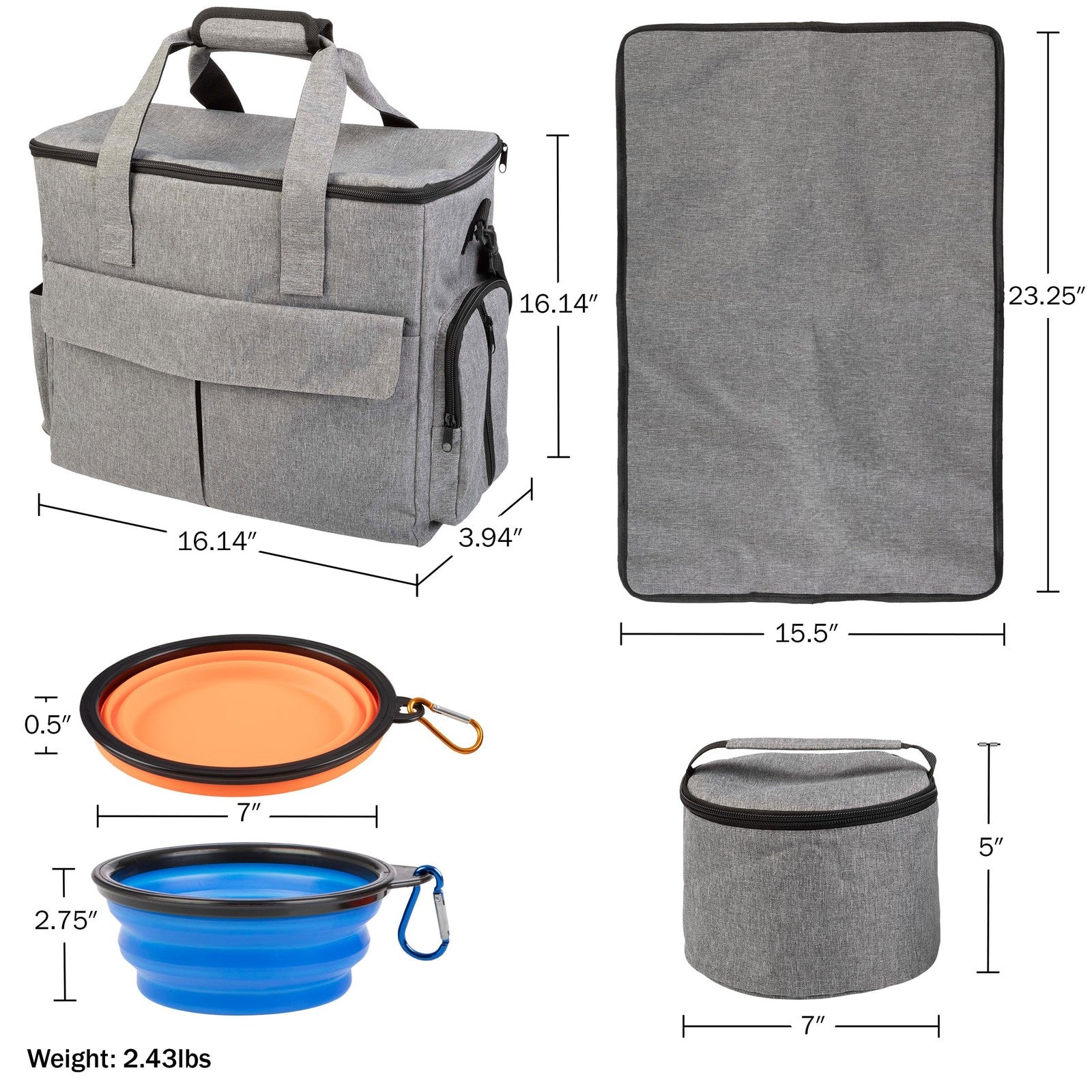 Petmaker dog and cat travel bag with multiple pockets, mat, and two food containers for easy pet travel organization.