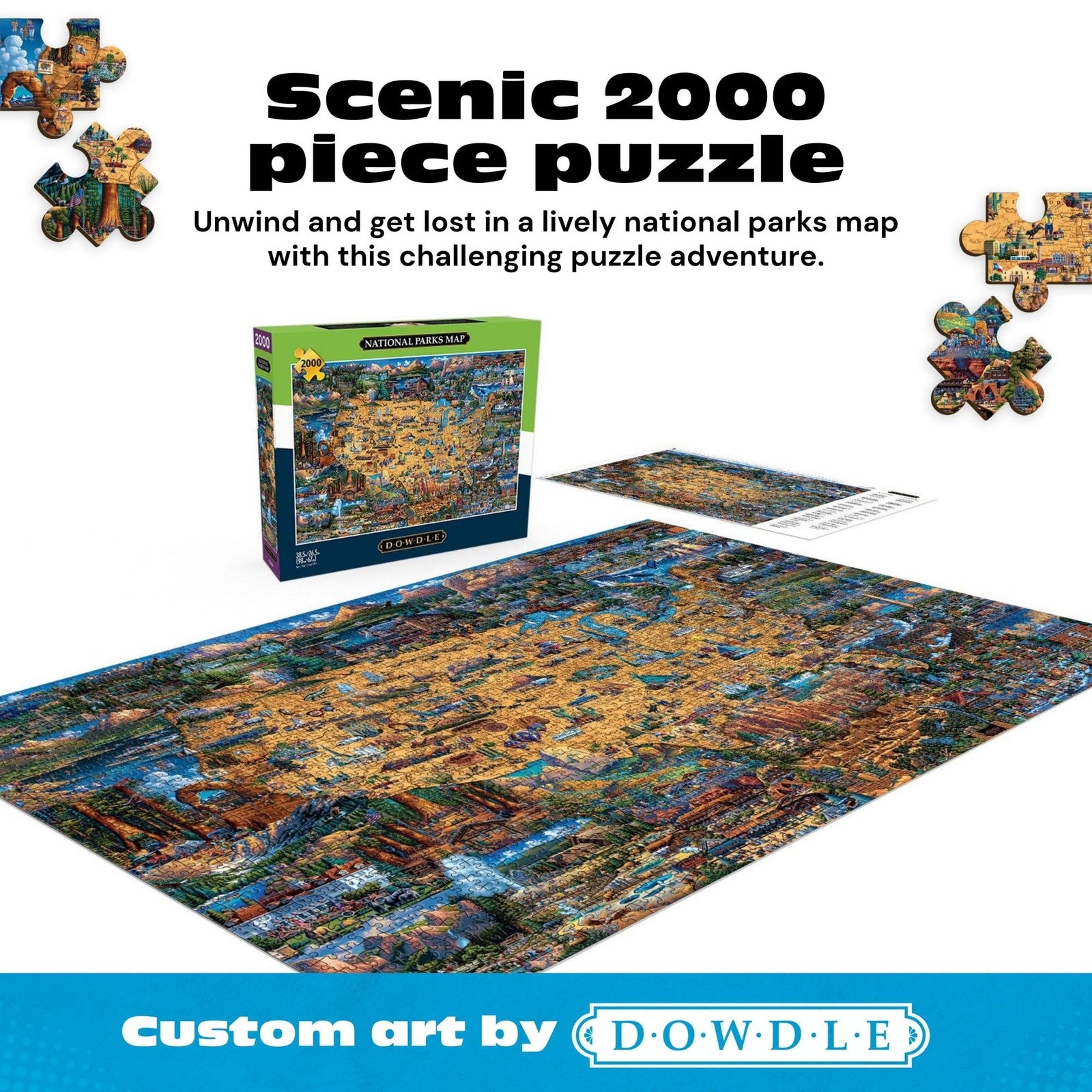 Buffalo Games Dowdle National Parks 2000-piece jigsaw puzzle for adults featuring detailed map of U.S. national parks.