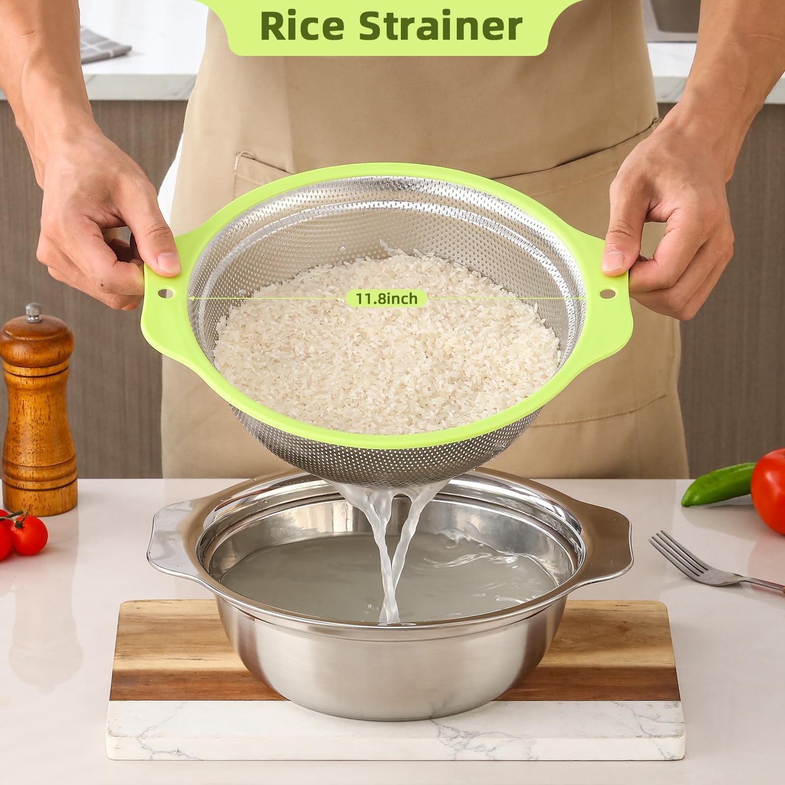 AHIABOAT stainless steel colander with 4QT capacity, microporous rice strainer for efficient rinsing and draining.