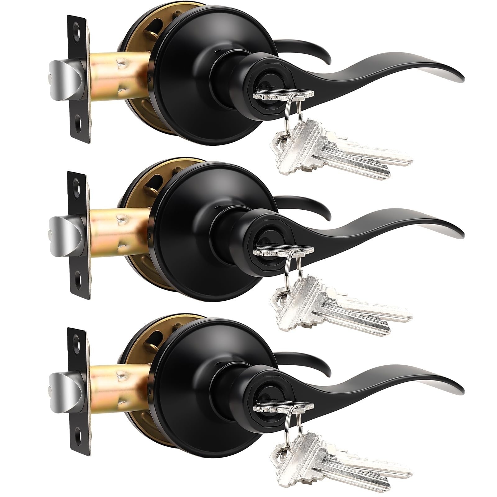 Knobonly 3-pack keyed alike bathroom and bedroom door locks in matte black with front exterior design visible.
