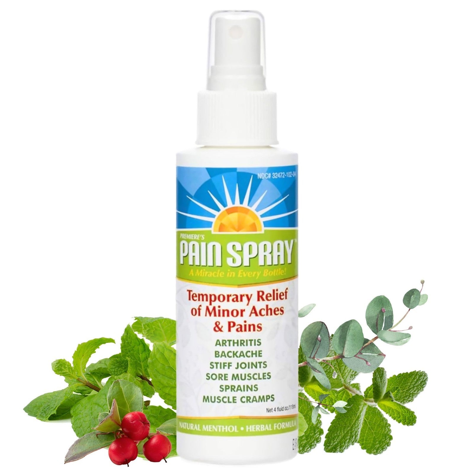 Premiere Pain Spray bottle with menthol and peppermint oil for joint relief, featuring a spray nozzle on a white background.
