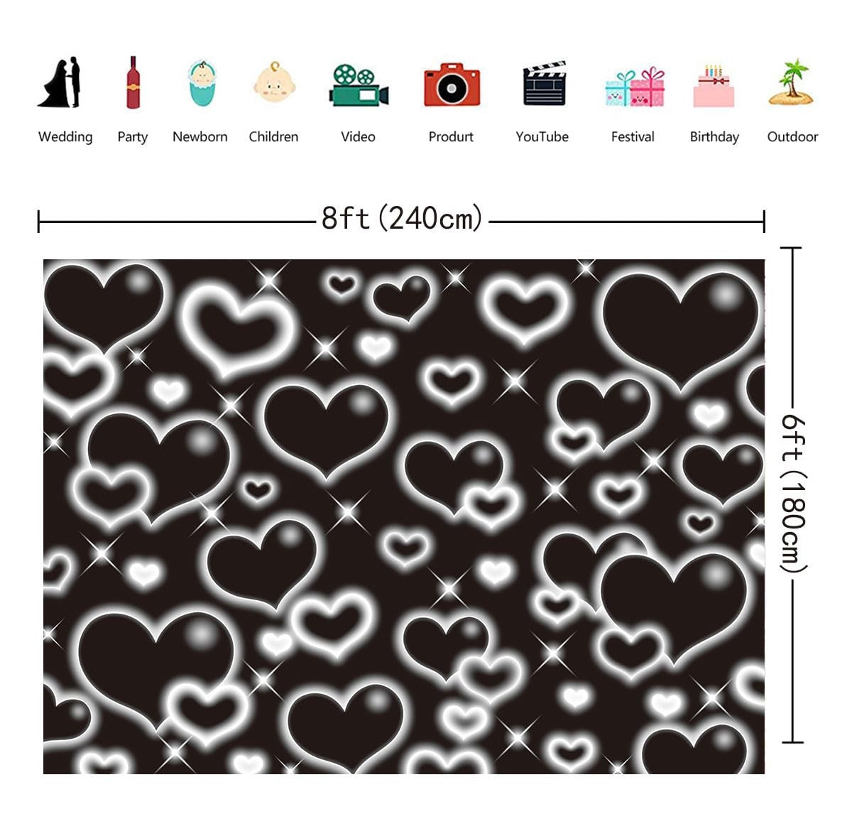 Black heart-themed party photo backdrop by CINRAY, 8x6 feet, featuring a love-inspired early 2000s design for photoshoots.