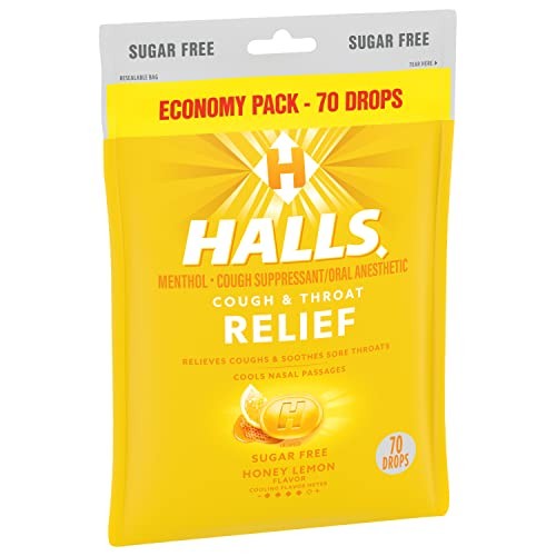 HALLS Relief Honey Lemon sugar-free cough drops in an economy pack, showing 70 drops per pack with honey lemon flavor.
