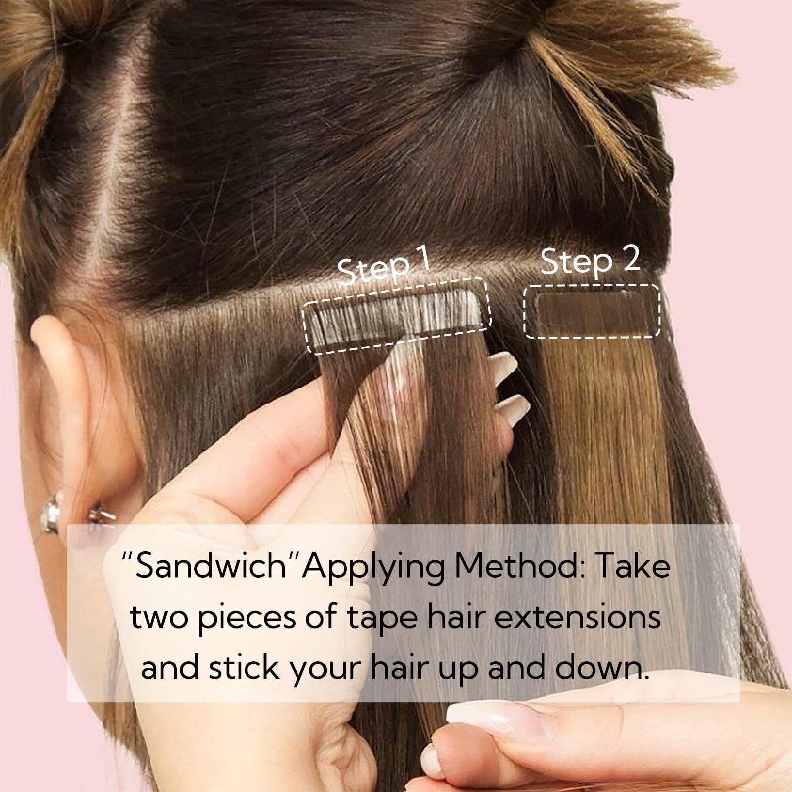 Hotbanana 16-inch chocolate brown balayage tape-in hair extensions, 20 pieces, 50g, styled with smooth, straight hair.