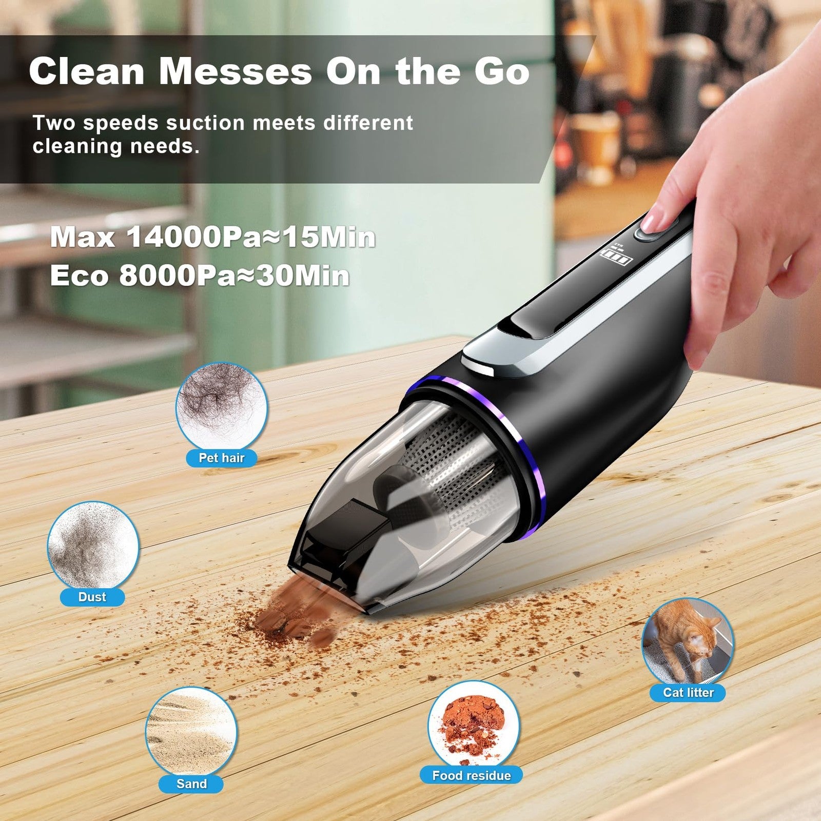 DRECELL handheld vacuum cleaner with brushless motor and 14000Pa power, compact car vacuum for cleaning car interiors.
