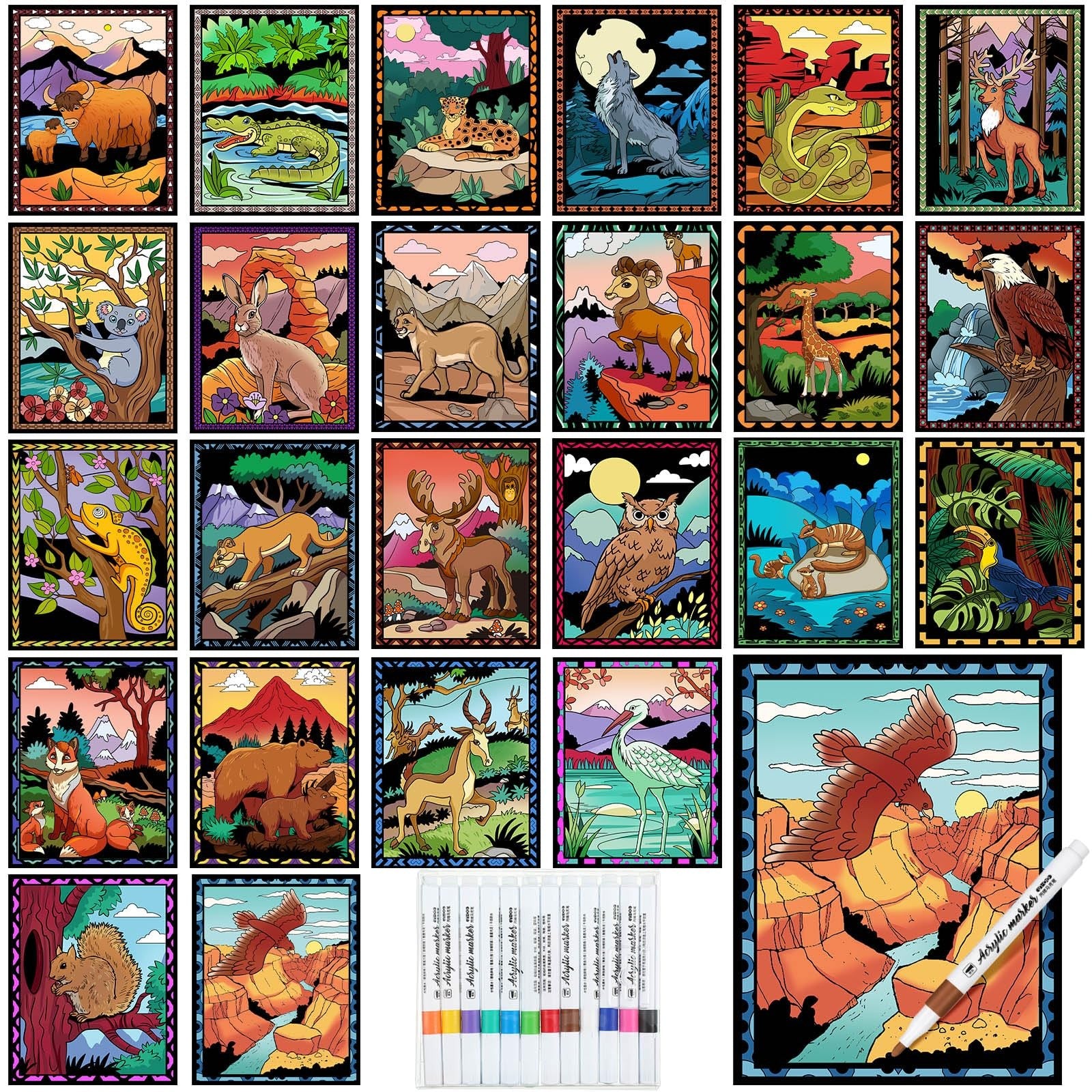 Zhanmai pack of 48 velvet coloring posters with watercolor pens featuring national parks scenes for creative art projects.