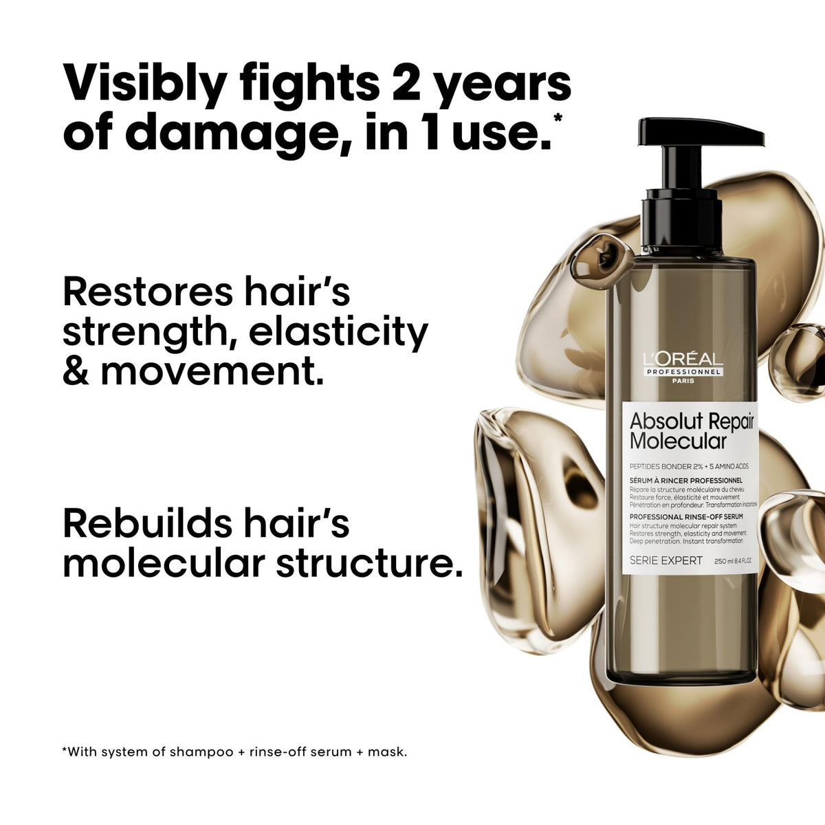 L'Oréal Absolut Repair Molecular Rinse-Off Serum for damaged hair, shown in a sleek bottle with a pump dispenser.