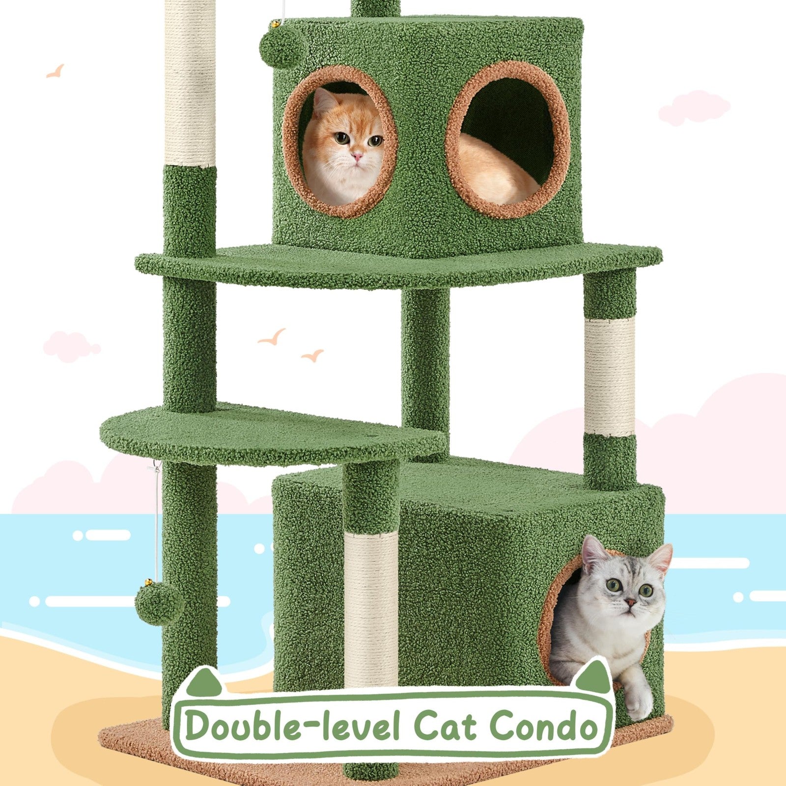 Yaheetech 59-inch green cactus-shaped cat tree with double levels, condo, and palm leaf design for cats to climb and lounge.