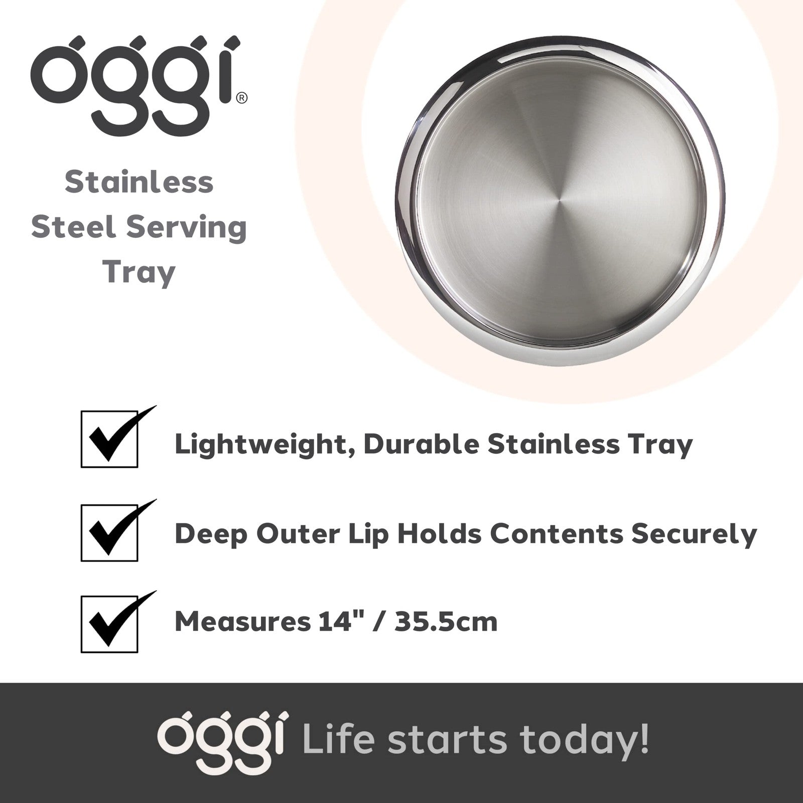 Oggi round steel tray, 14-inch diameter, ideal as a coffee table, decorative tray, or for serving tea and bar essentials.