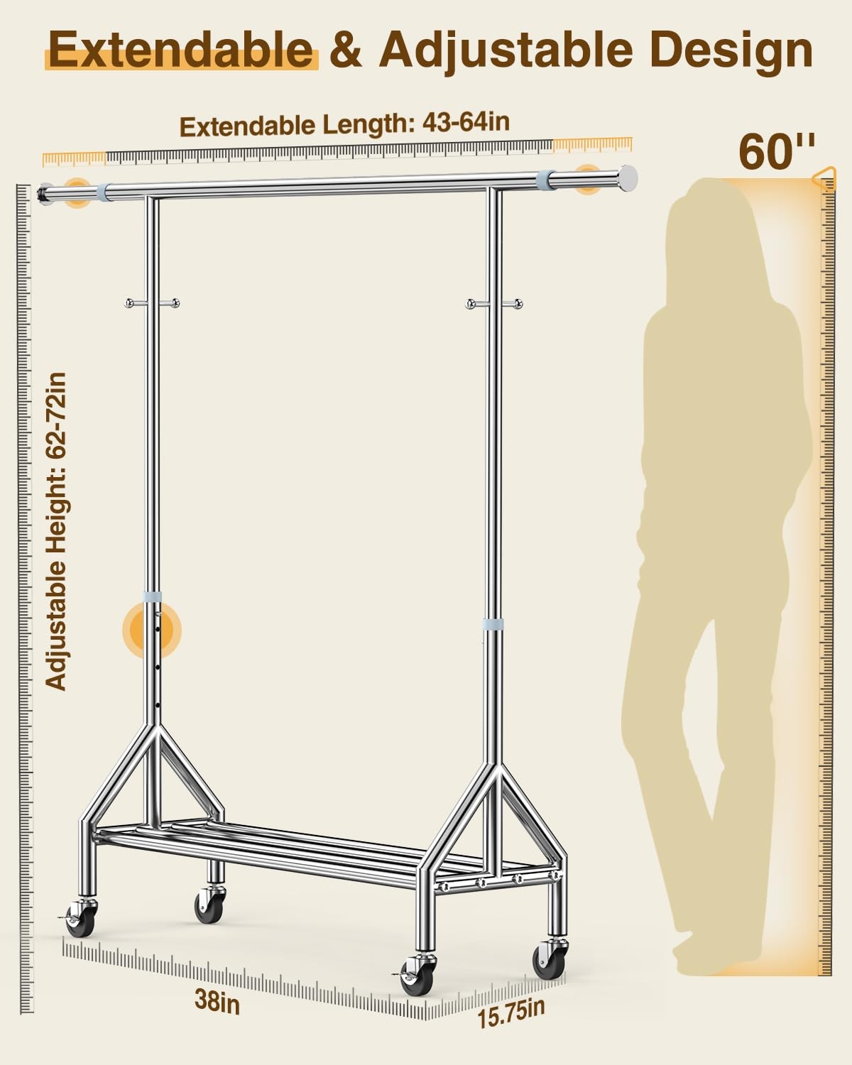 Fybee upgraded stainless steel clothing rack with heavy-duty load capacity of 760 lbs, featuring sturdy construction and ample hanging space.