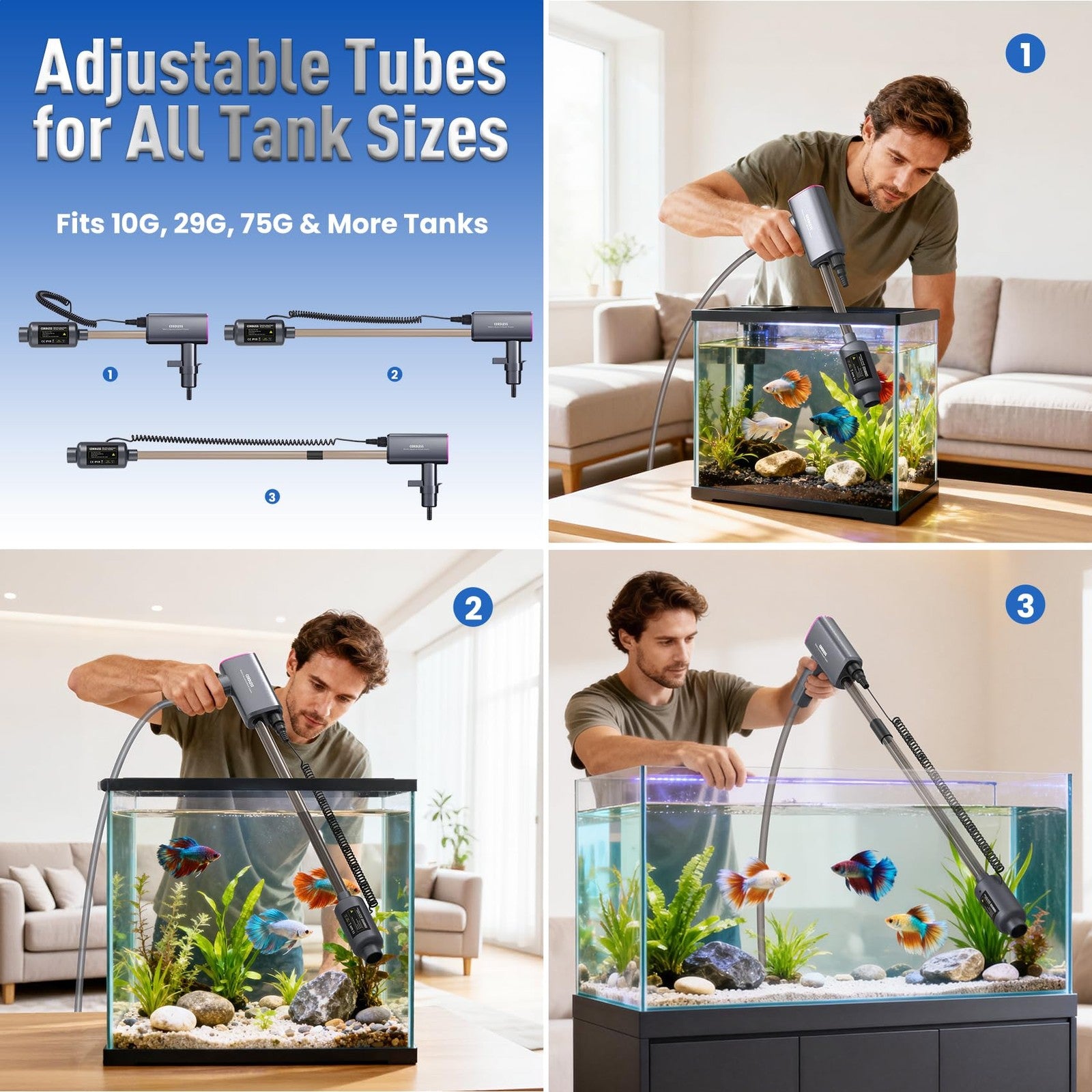 Rechargeable electric aquarium gravel cleaner by RIRMJOR with adjustable suction and a fish tank water siphon in use.