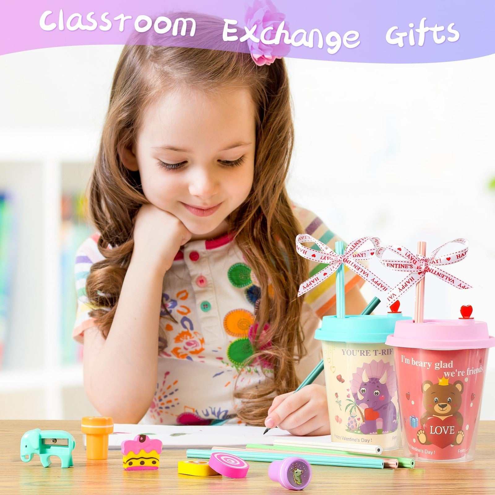 24-pc Valentine’s Day Gifts kids classroom stationery set with pastel mugs, cards, stickers, erasers, pencils, sharpeners, stamps, and ribbons