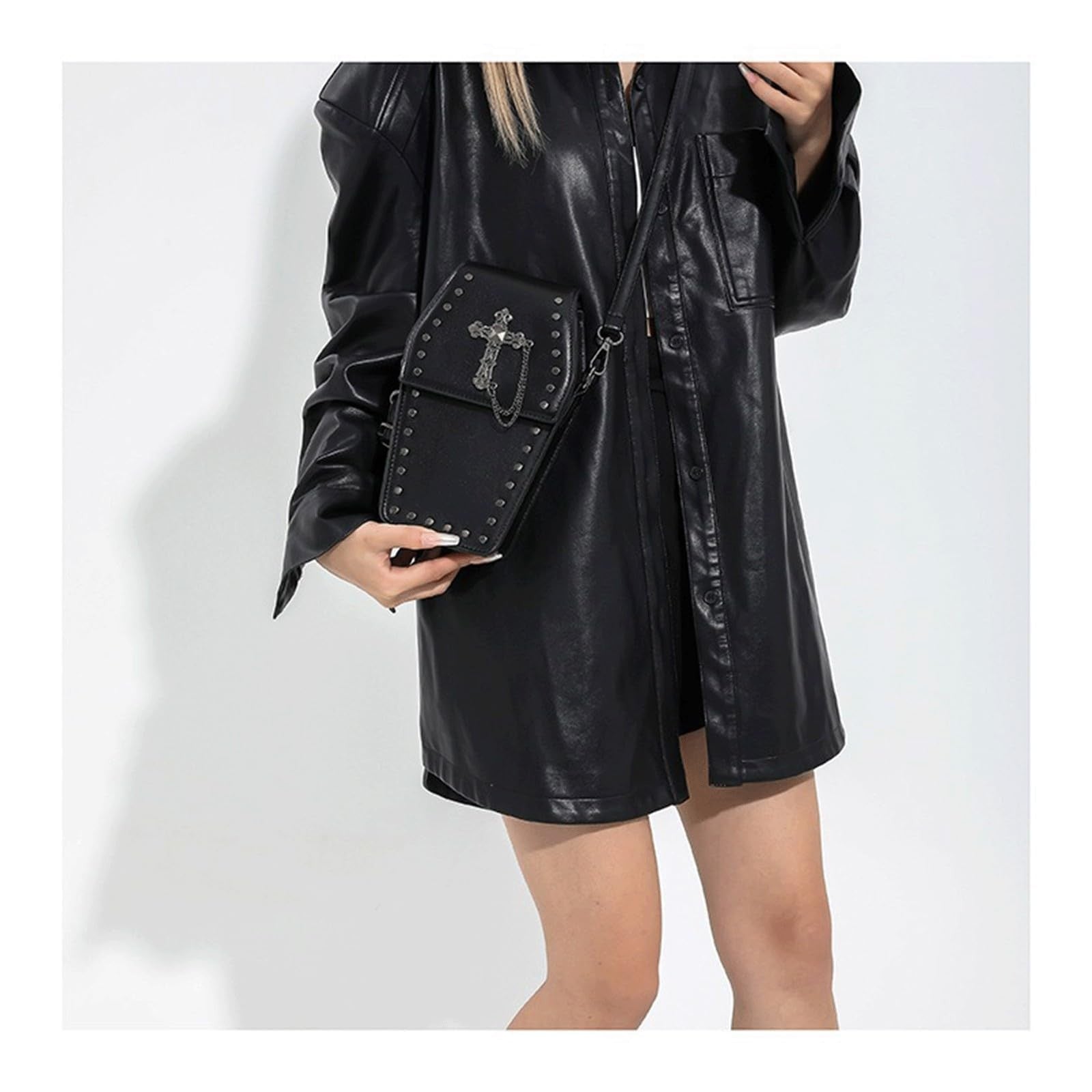 Black Goth coffin-shaped shoulder purse by LOTUSTAR featuring a cross design, perfect for Halloween accessories.