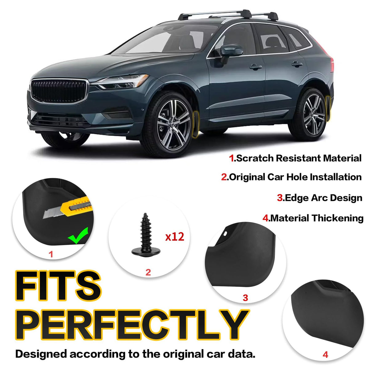 PSLER mud flaps set for Volvo XC60 2018-2024, four-piece mud guard kit with splash guards attached to vehicle wheels.