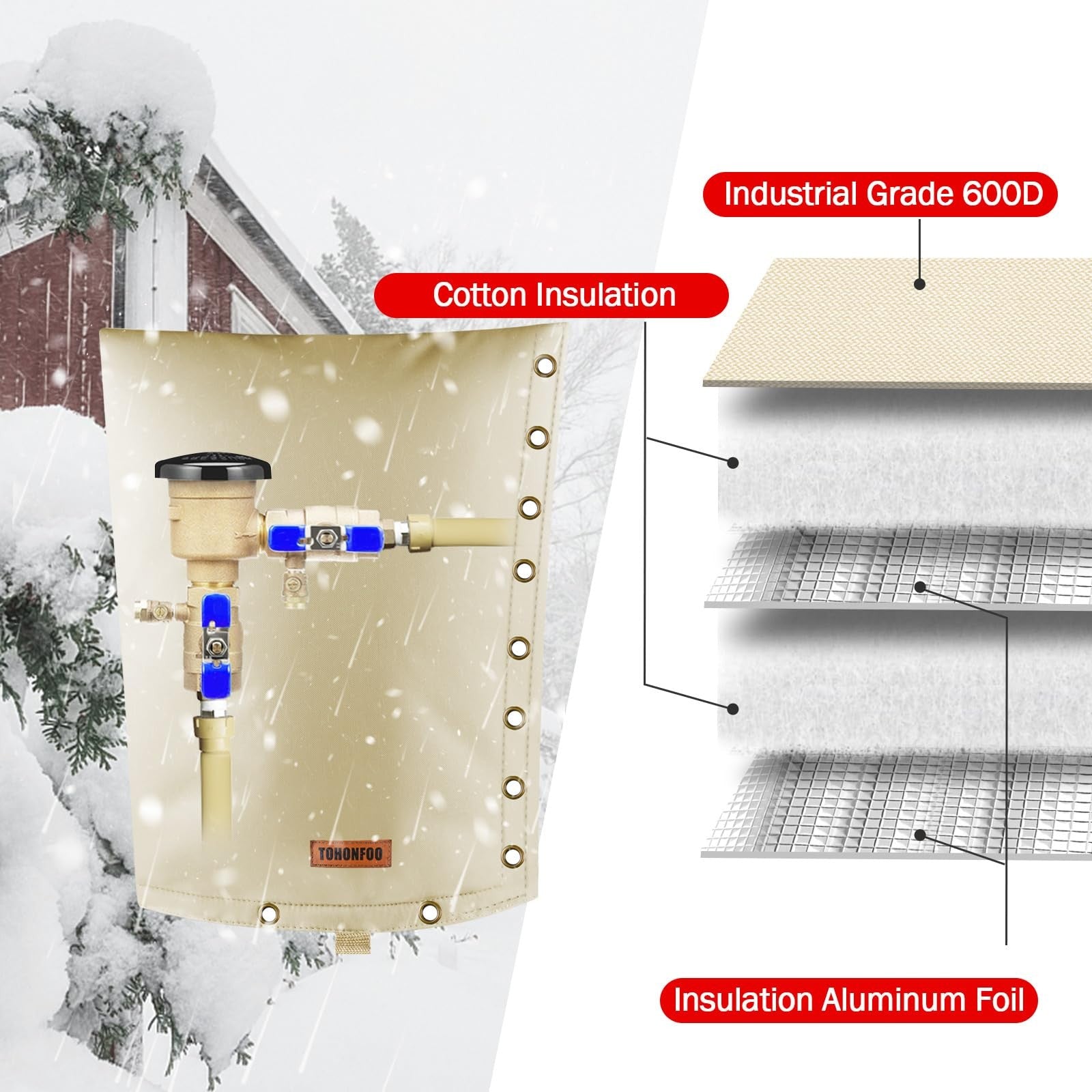 TOHONFOO 2-Way Opening Backflow Preventer Pipe Insulation Cover for irrigation sprinklers, showing insulated pipe with openings.