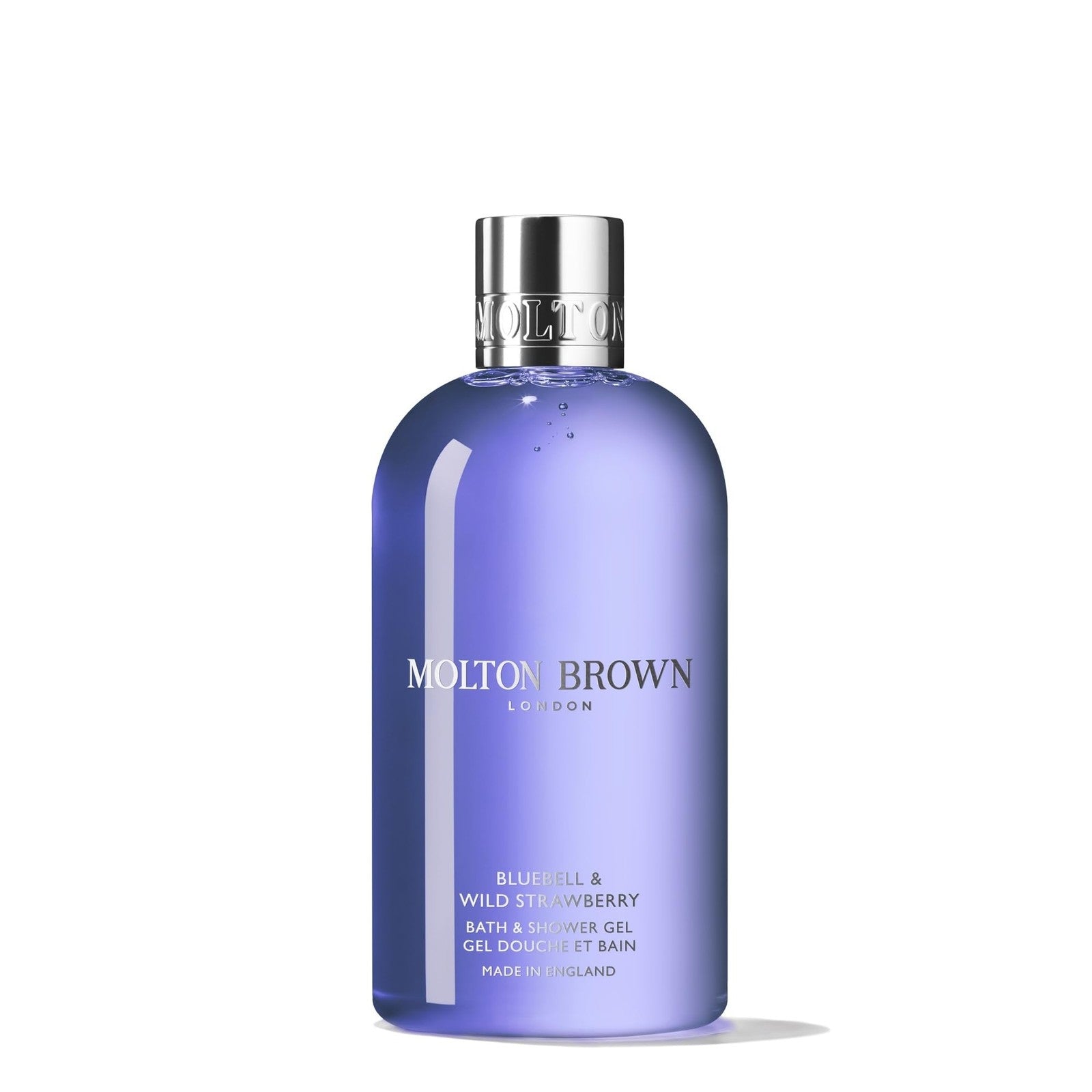 Molton Brown Bluebell and Wild Strawberry body wash in a 10 fl oz bottle, with a transparent pump dispenser and floral branding.