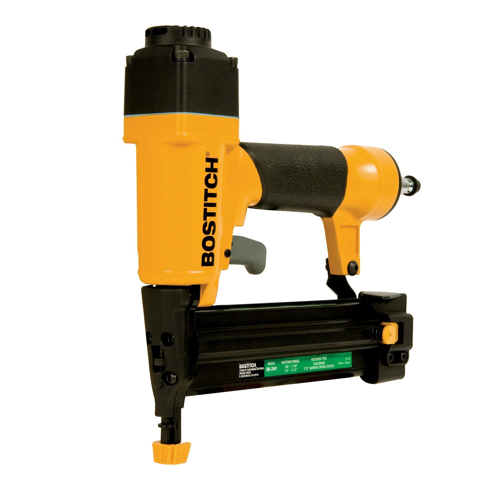 Bostitch 18 gauge brad nailer and narrow crown stapler combo tool with ergonomic grip and metal construction for woodworking projects