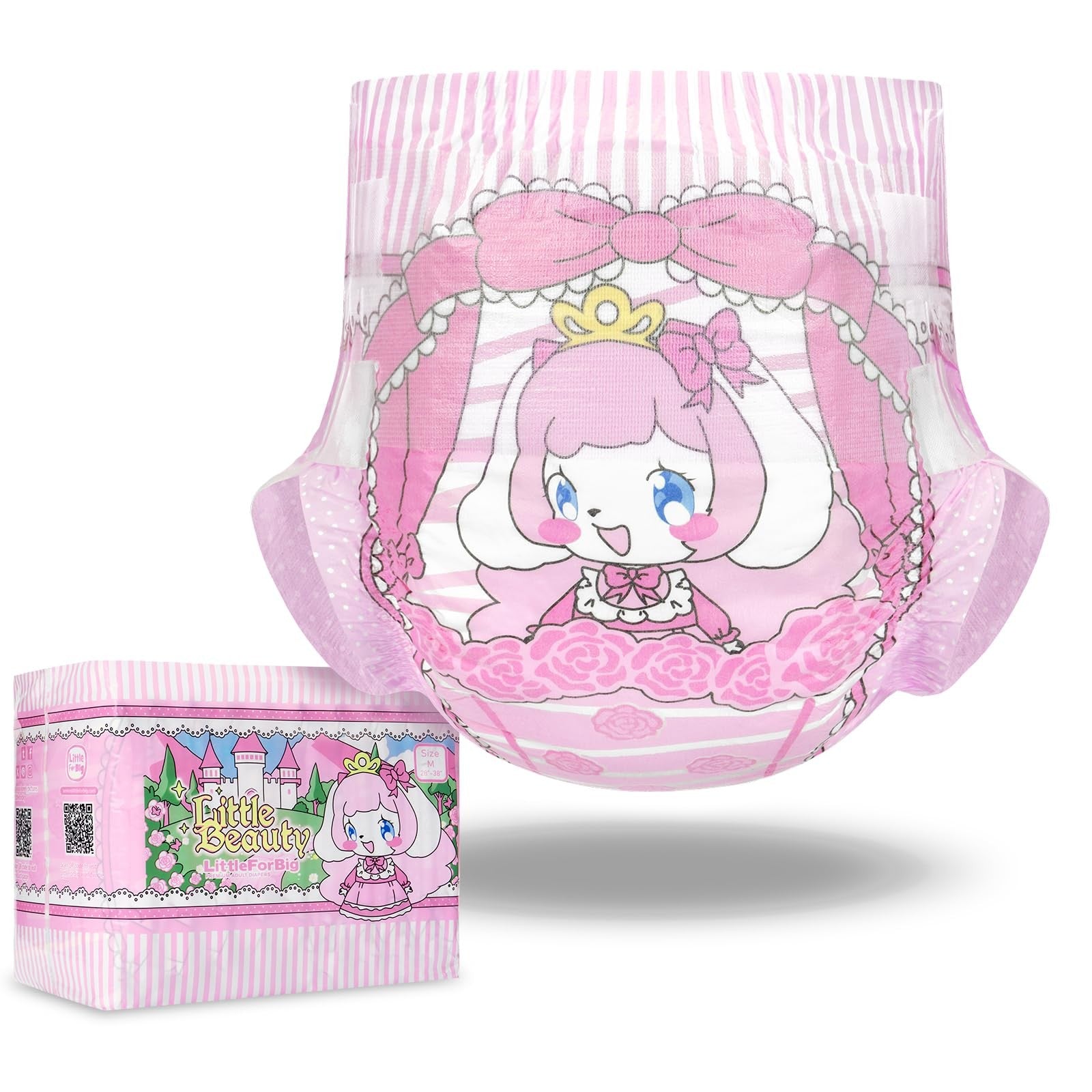 Littleforbig Little Beauty adult printed cloth back diapers, 10-pack, size M (28-38 inches), showing colorful printed fabric and elastic waistband.