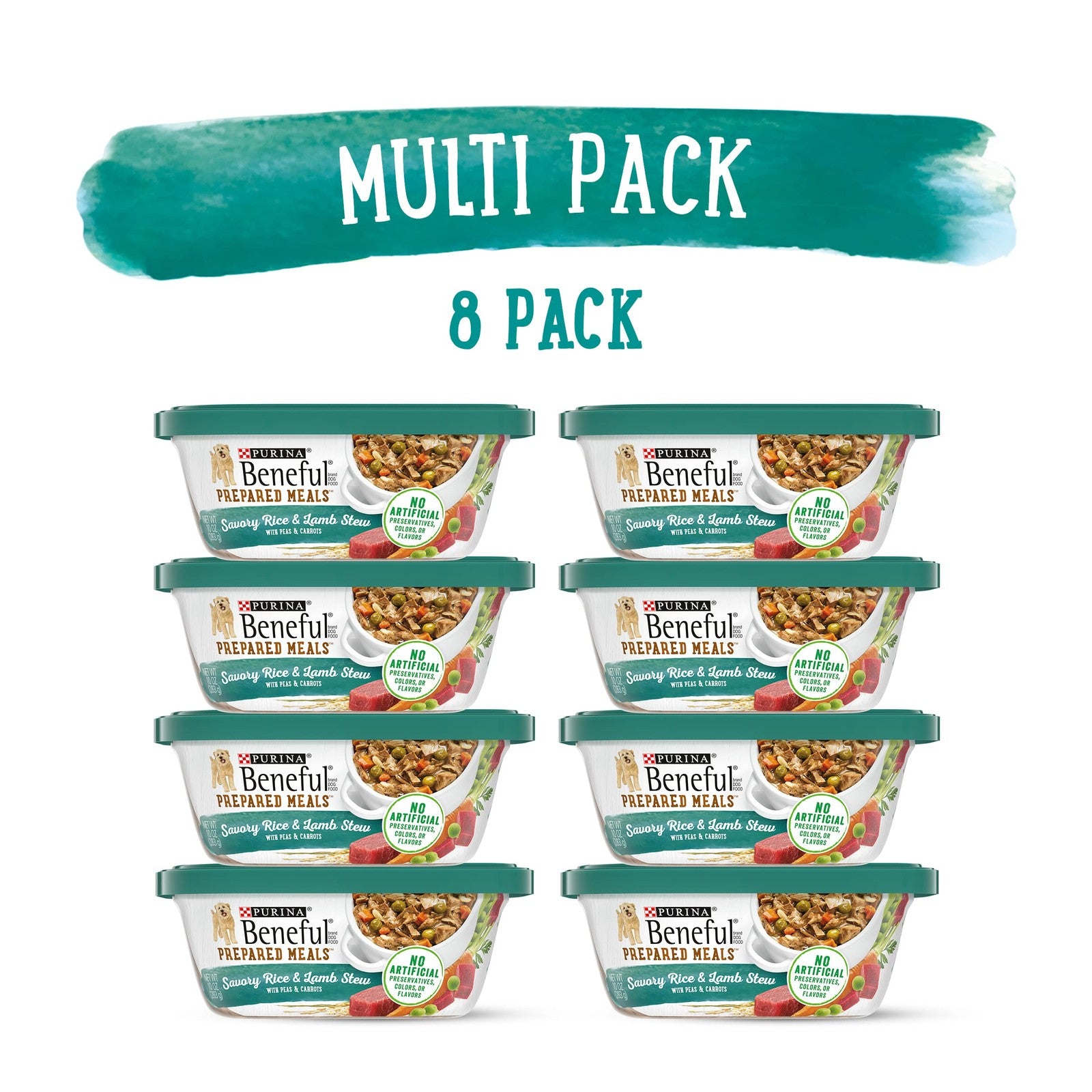 Beneful Purina prepared dog meal with lamb and rice stew in 10 oz. tubs, featuring fresh ingredients and nutritious dog food.