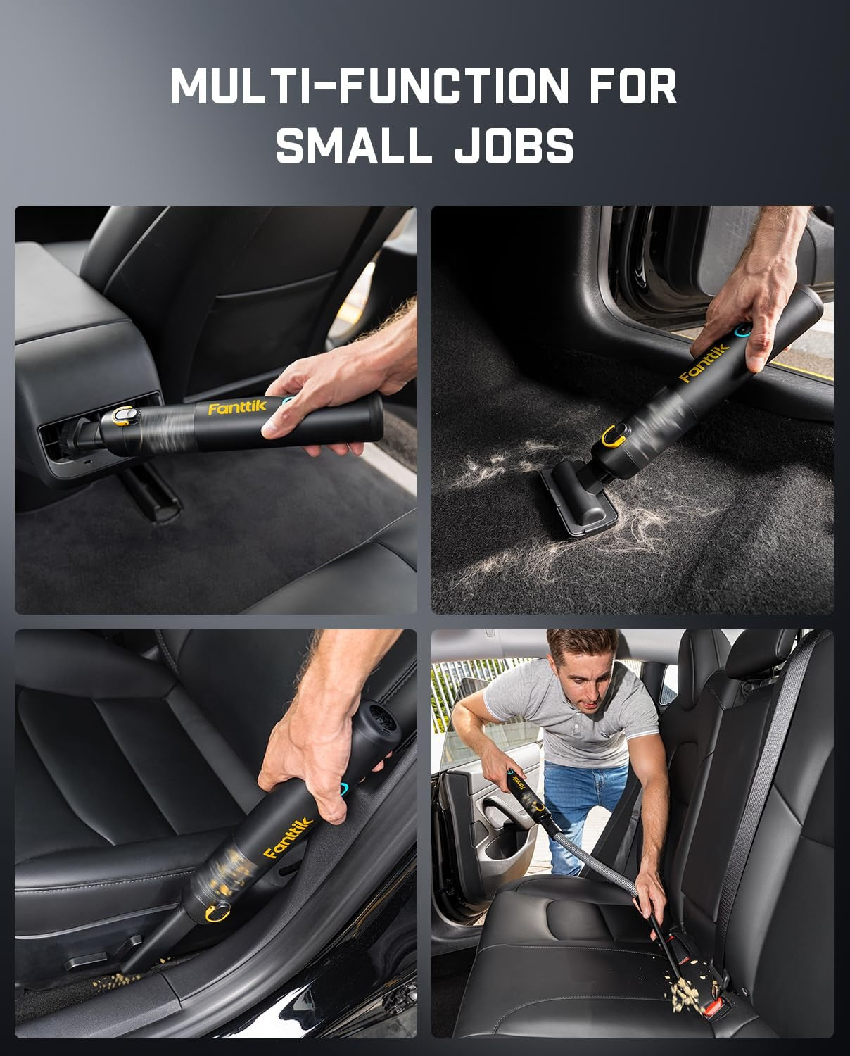 Fanttik V8 APEX 4-in-1 cordless handheld car vacuum and blower with 19000Pa suction, compact and versatile for car cleaning.