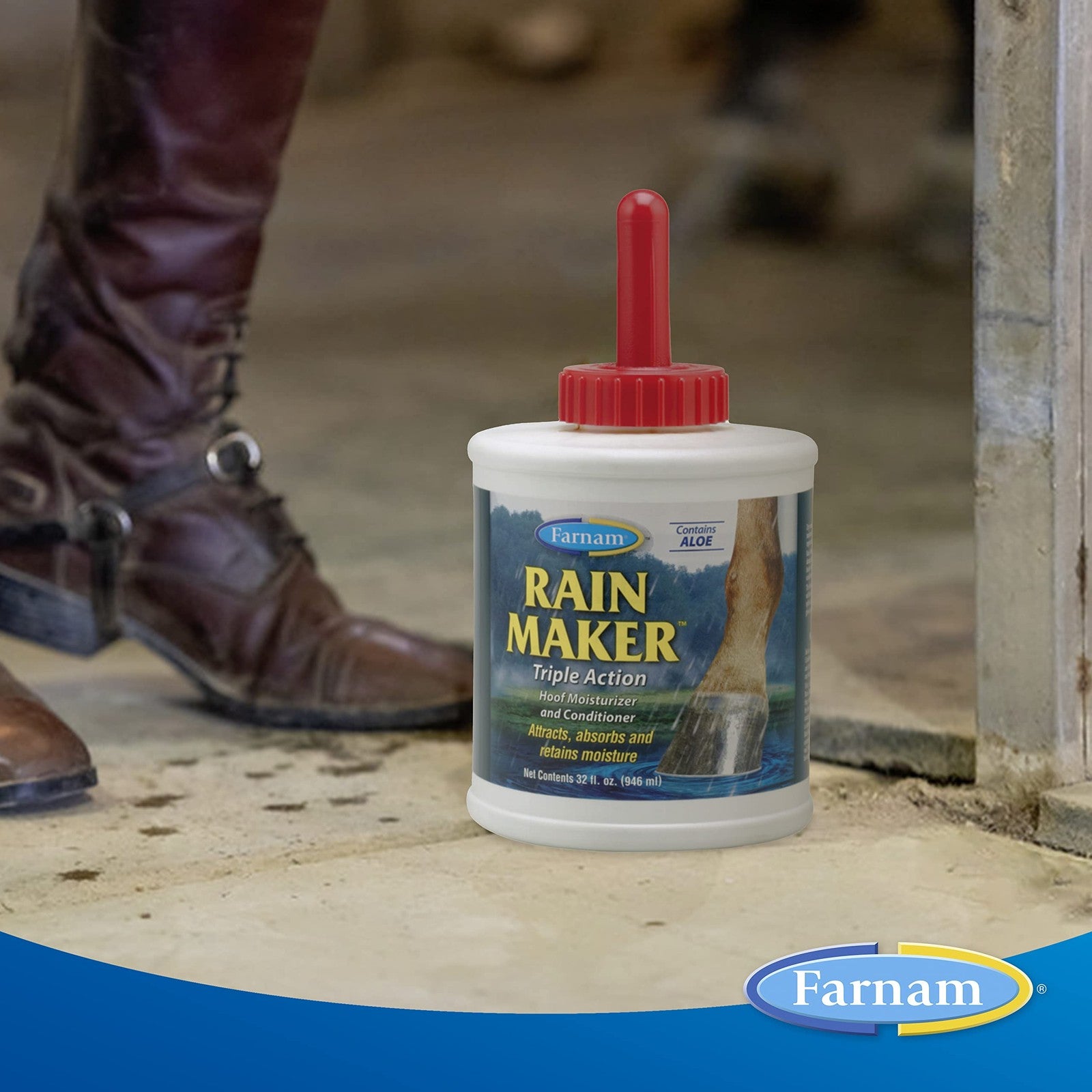 Farnam Rain Maker Triple Action Hoof Oil for horses, 32 oz bottle, showing the product container and application brush.