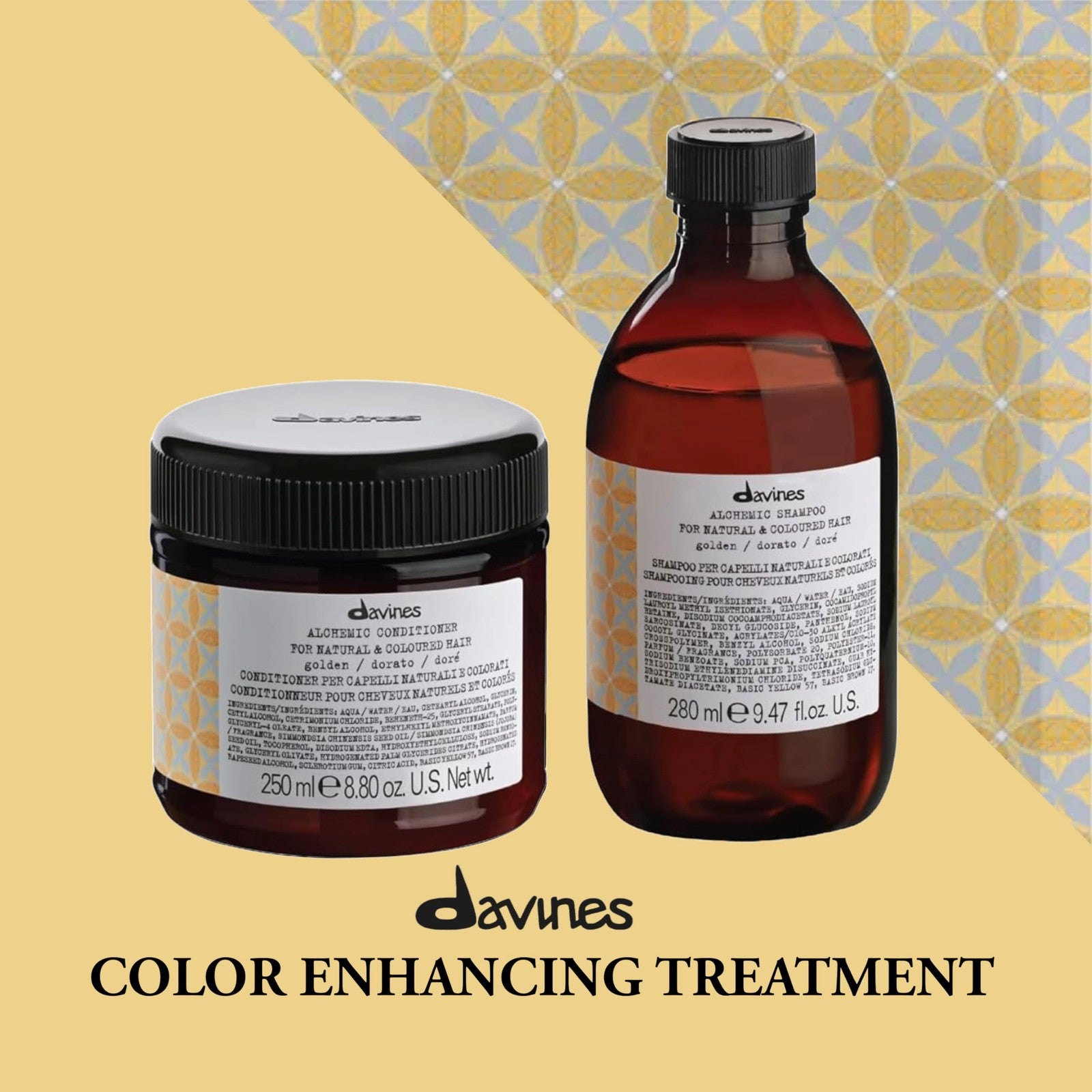 Davines Alchemic Conditioner Golden color depositing cream for golden blonde hair, showing a tube of the product with golden accents.