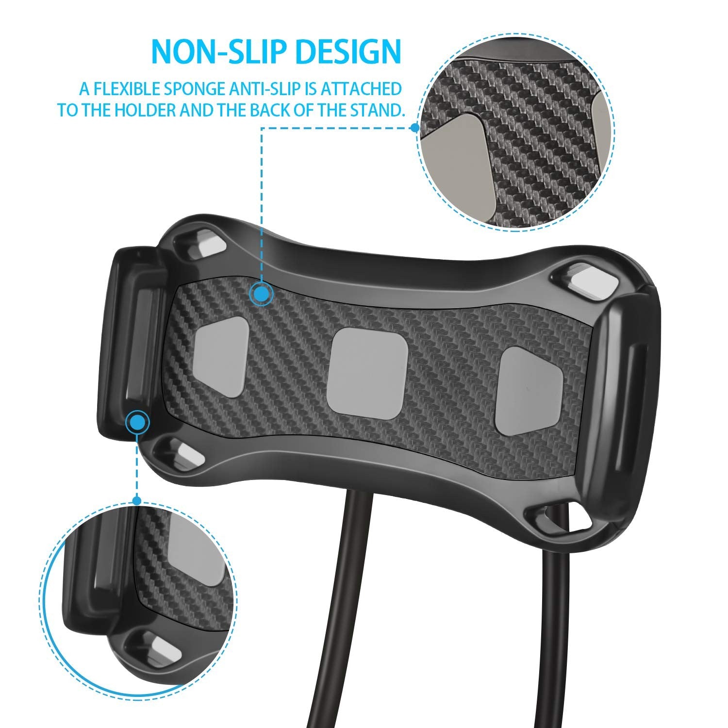YUNLEJP lazy neck phone holder stand resting on a bed, flexible hands-free cell phone holder with adjustable design.