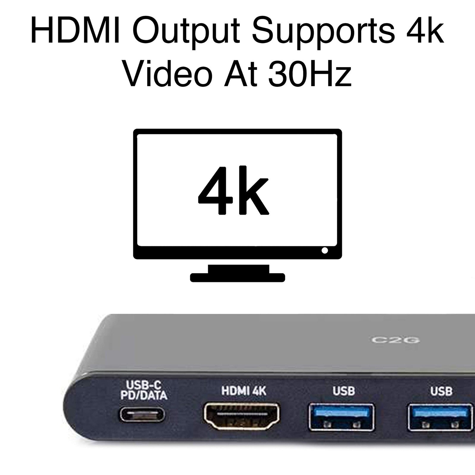 C2G USB-C 6-in-1 mini dock with 4K HDMI, Ethernet port, USB ports, and Power Delivery for versatile connectivity.